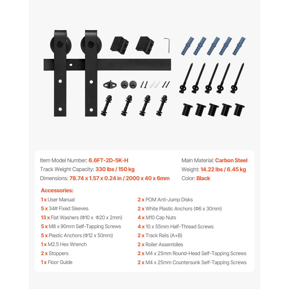 6.6FT Sliding Barn Door Hardware Kit, 330 LBS Weight Capacity, Compatible with 36-40 Inches Width & 1-3/8 to 1-3/4 Inches Thickness Single Sliding Barn Door, Durable Track & J-shape Roller Black