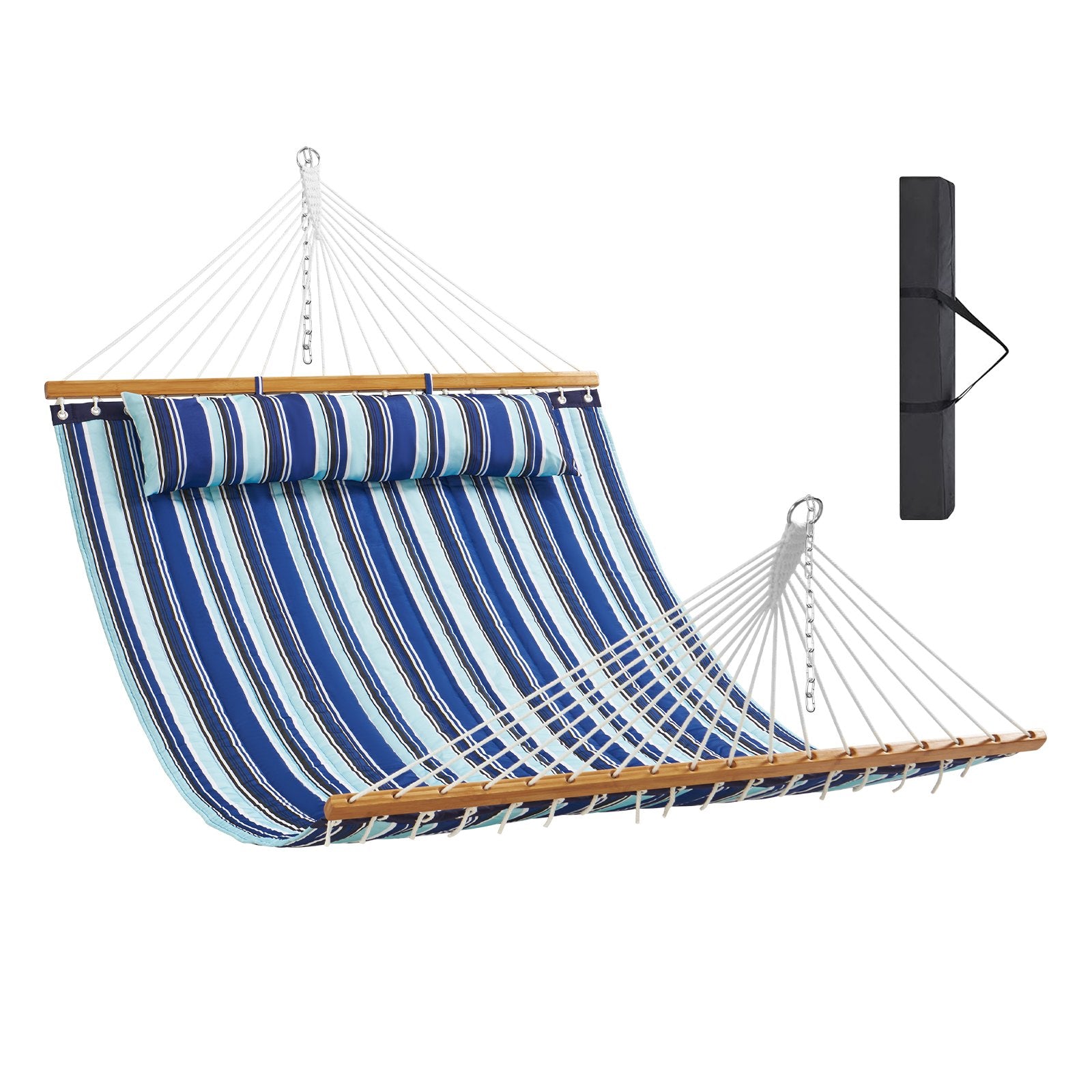 Double Quilted Fabric Hammock, 12 FT Double Hammock with Hardwood Spreader Bars, 2 Person Quilted Hammock with Detachable Pillow and Chains for Camping Outdoor Patio Yard Beach, 480 lbs Capacity