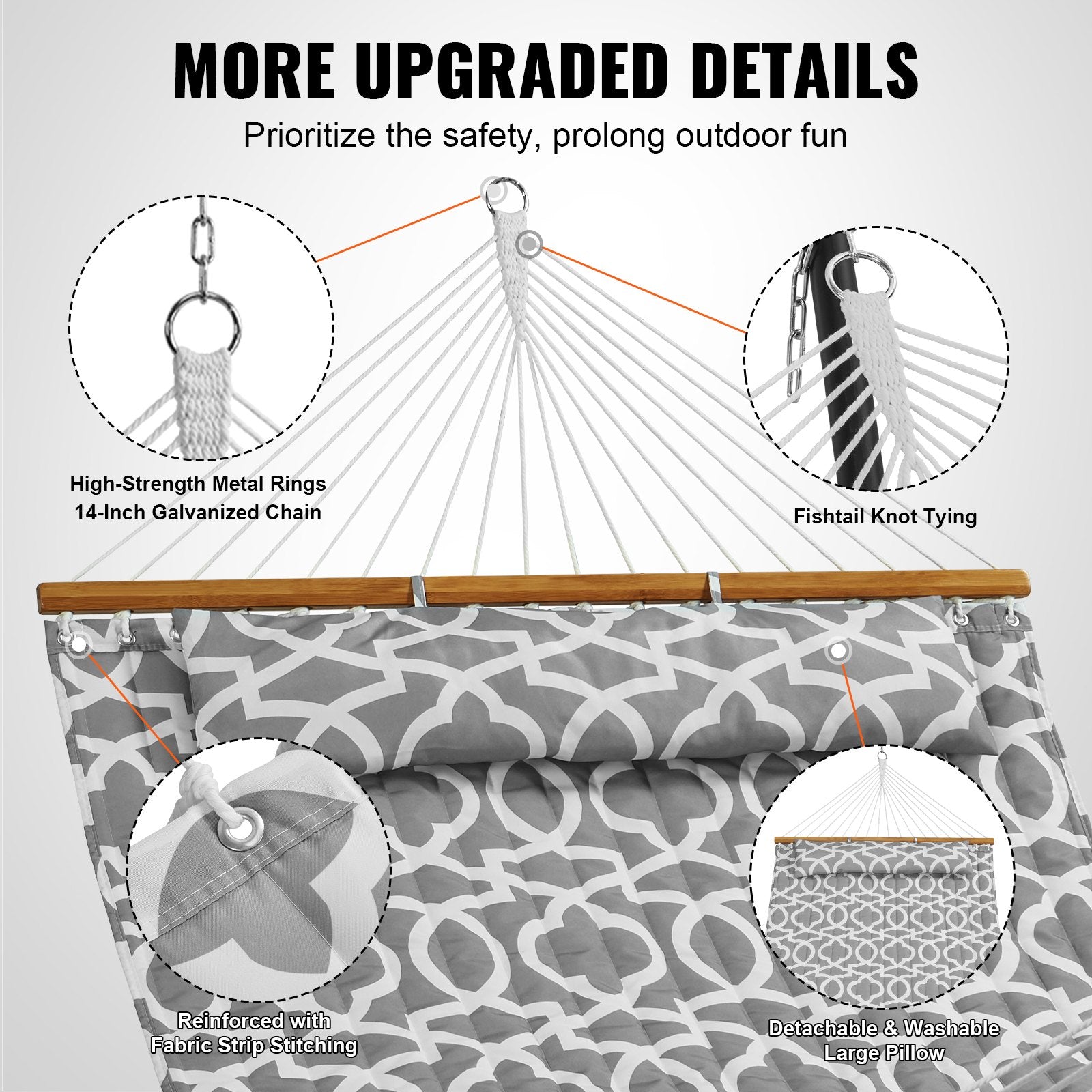 Double Quilted Fabric Hammock, 12 FT Double Hammock with Hardwood Spreader Bars, 2 Person Quilted Hammock with Detachable Pillow and Chains for Camping Outdoor Patio Yard Beach, 480 lbs Capacity
