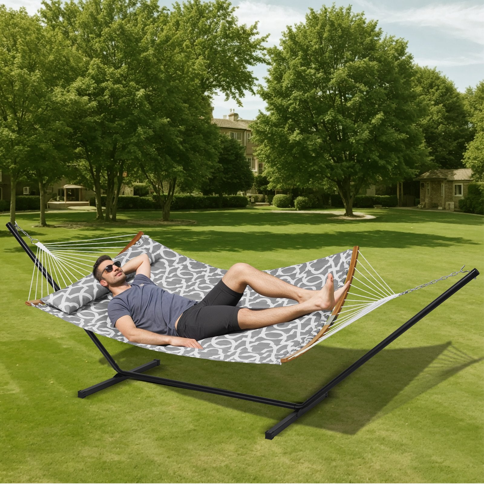 Tents: VEVOR Two Person Hammock with Stand Included, Double Hammock with Curved Spreader Bar and Detachable Pillow and Portable Carrying Bag, Perfect for Outdoor Freestanding Hammock, 480lb Capacity
