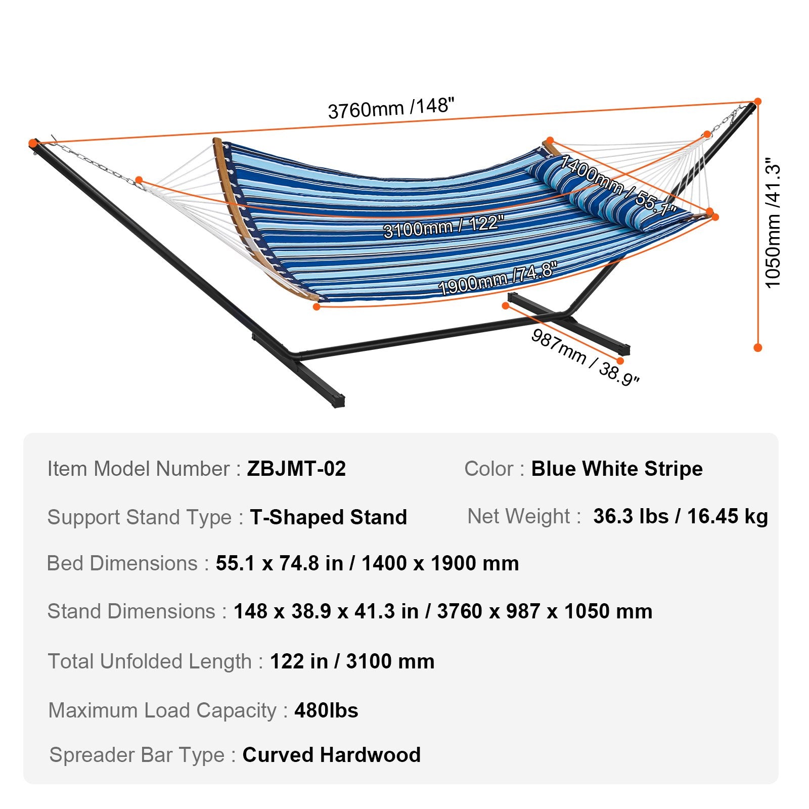 Tents: VEVOR Two Person Hammock with Stand Included, Double Hammock with Curved Spreader Bar and Detachable Pillow and Portable Carrying Bag, Perfect for Outdoor Freestanding Hammock, 480lb Capacity