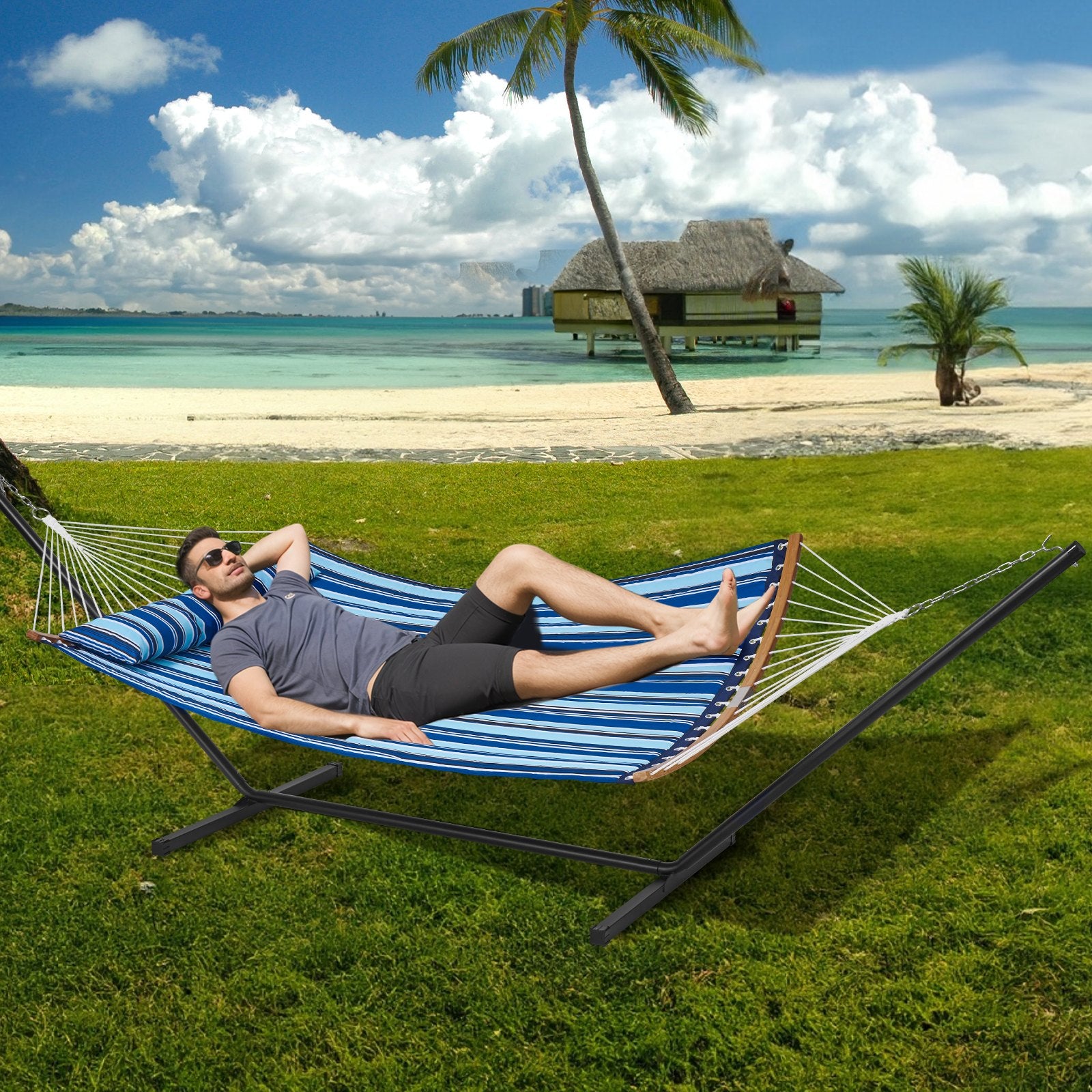 Tents: VEVOR Two Person Hammock with Stand Included, Double Hammock with Curved Spreader Bar and Detachable Pillow and Portable Carrying Bag, Perfect for Outdoor Freestanding Hammock, 480lb Capacity
