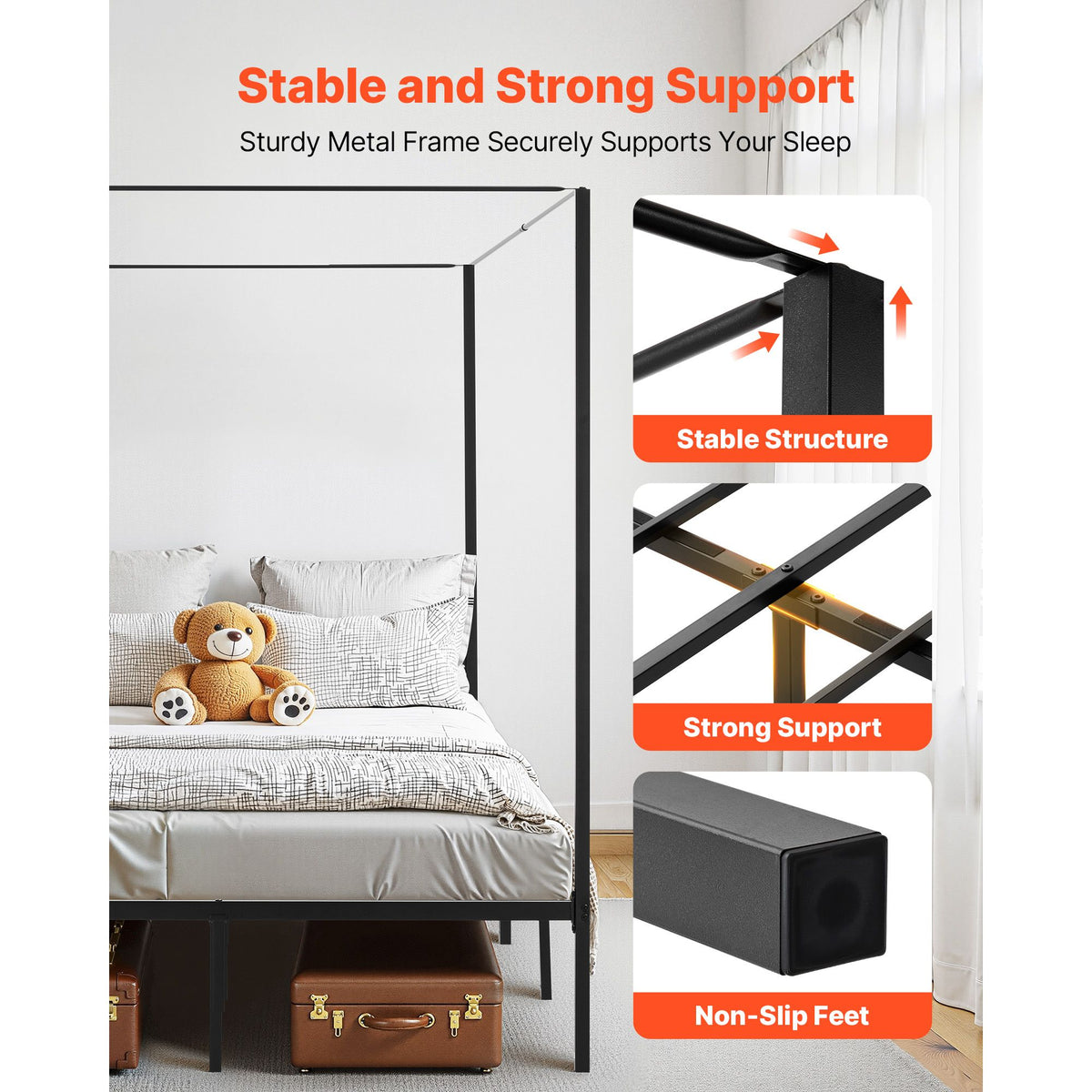 Full Size Canopy Bed Frame, Metal Canopy Bed with Four Posters Design, Heavy Duty Steel Slats Support, Underbed Storage Space, No Box Spring Needed, Easy Assembly, Black