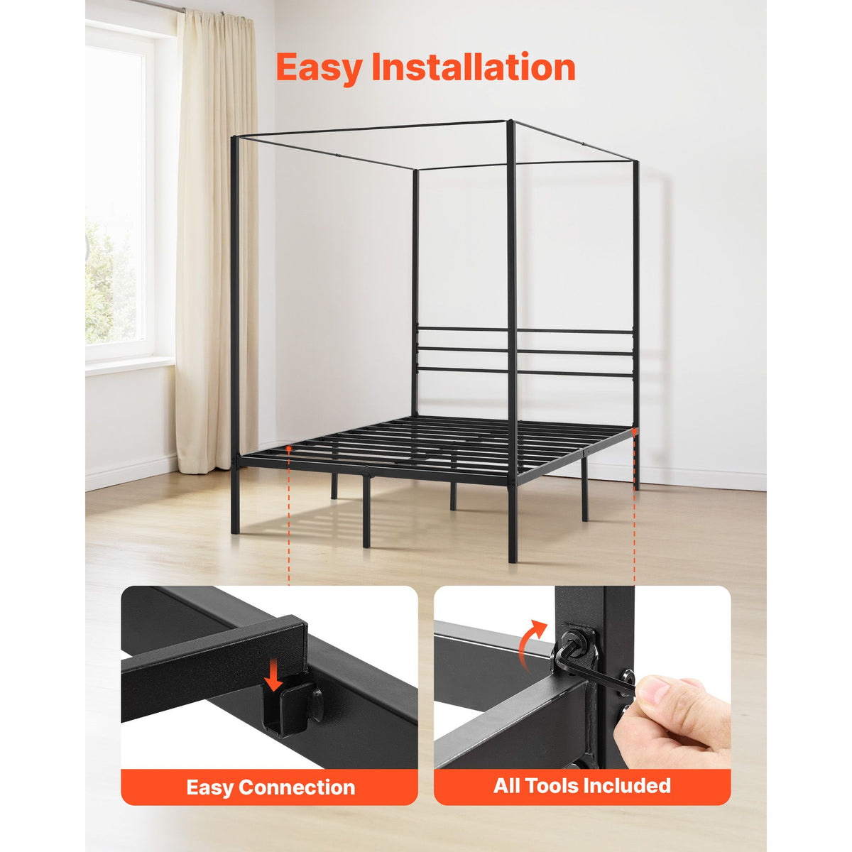 Full Size Canopy Bed Frame, Metal Canopy Bed with Four Posters Design, Heavy Duty Steel Slats Support, Underbed Storage Space, No Box Spring Needed, Easy Assembly, Black