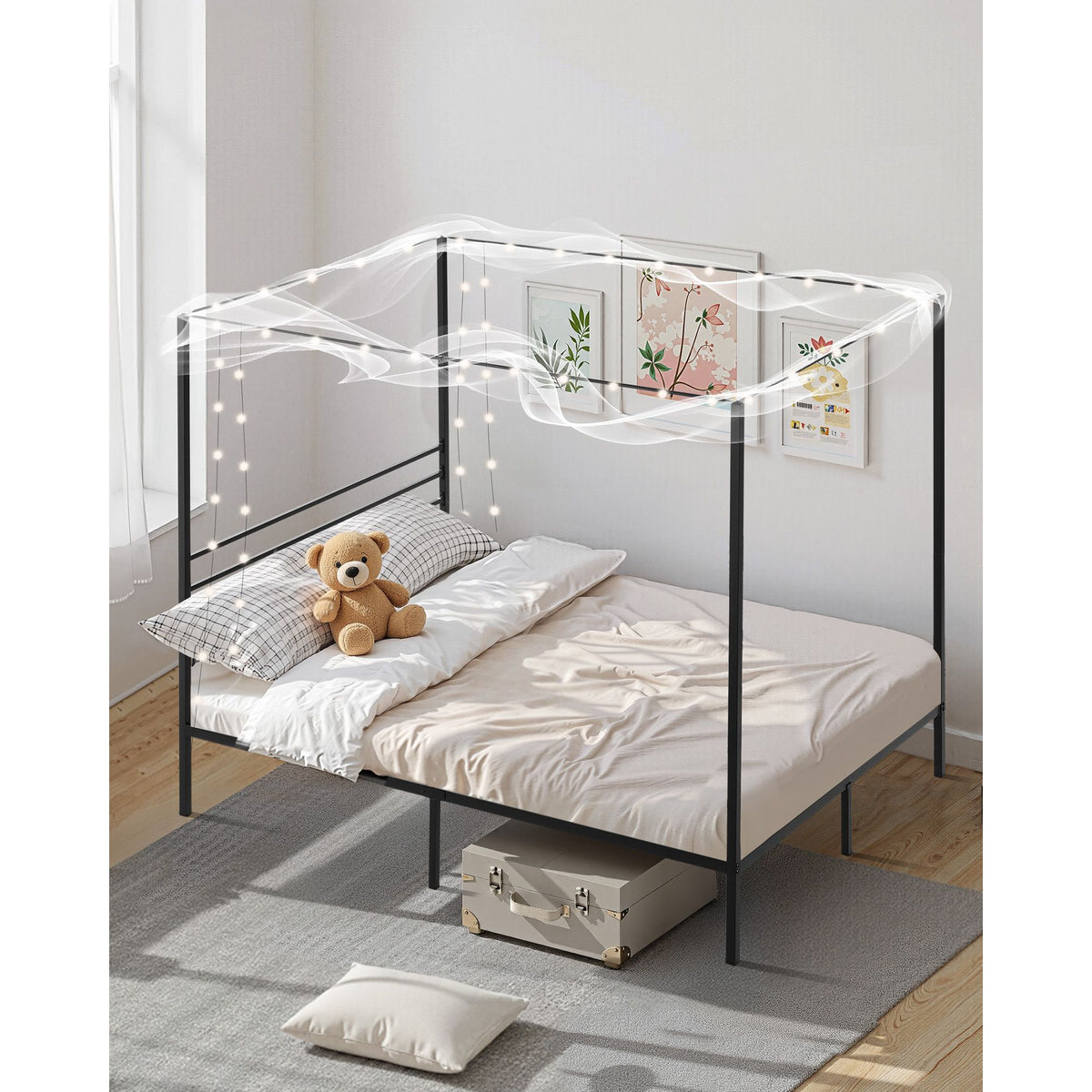 Full Size Canopy Bed Frame, Metal Canopy Bed with Four Posters Design, Heavy Duty Steel Slats Support, Underbed Storage Space, No Box Spring Needed, Easy Assembly, Black