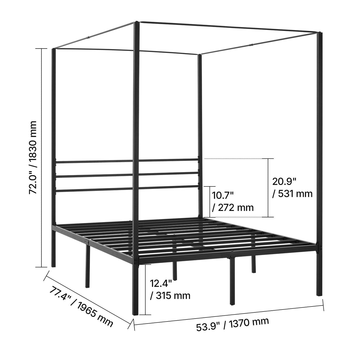 Full Size Canopy Bed Frame, Metal Canopy Bed with Four Posters Design, Heavy Duty Steel Slats Support, Underbed Storage Space, No Box Spring Needed, Easy Assembly, Black