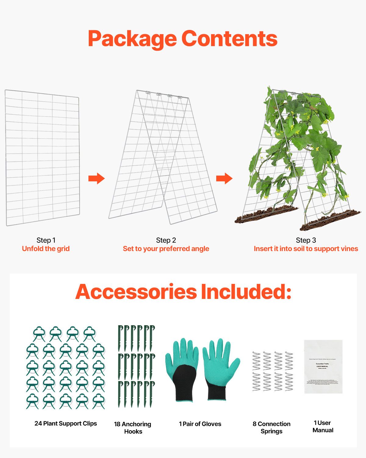 Cucumber Trellis for Climbing Plants, 35" x 55" Foldable Cucumber Trellis Set with Plant Clips, Metal Garden Trellis for Raised Bed, Outdoor Plant Grow Support for Tomato, Squash, Vegetable
