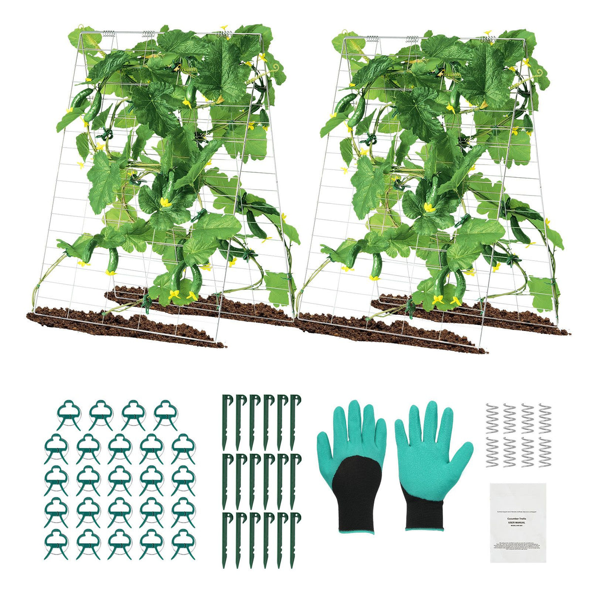 Cucumber Trellis for Climbing Plants, 35" x 55" Foldable Cucumber Trellis Set with Plant Clips, Metal Garden Trellis for Raised Bed, Outdoor Plant Grow Support for Tomato, Squash, Vegetable