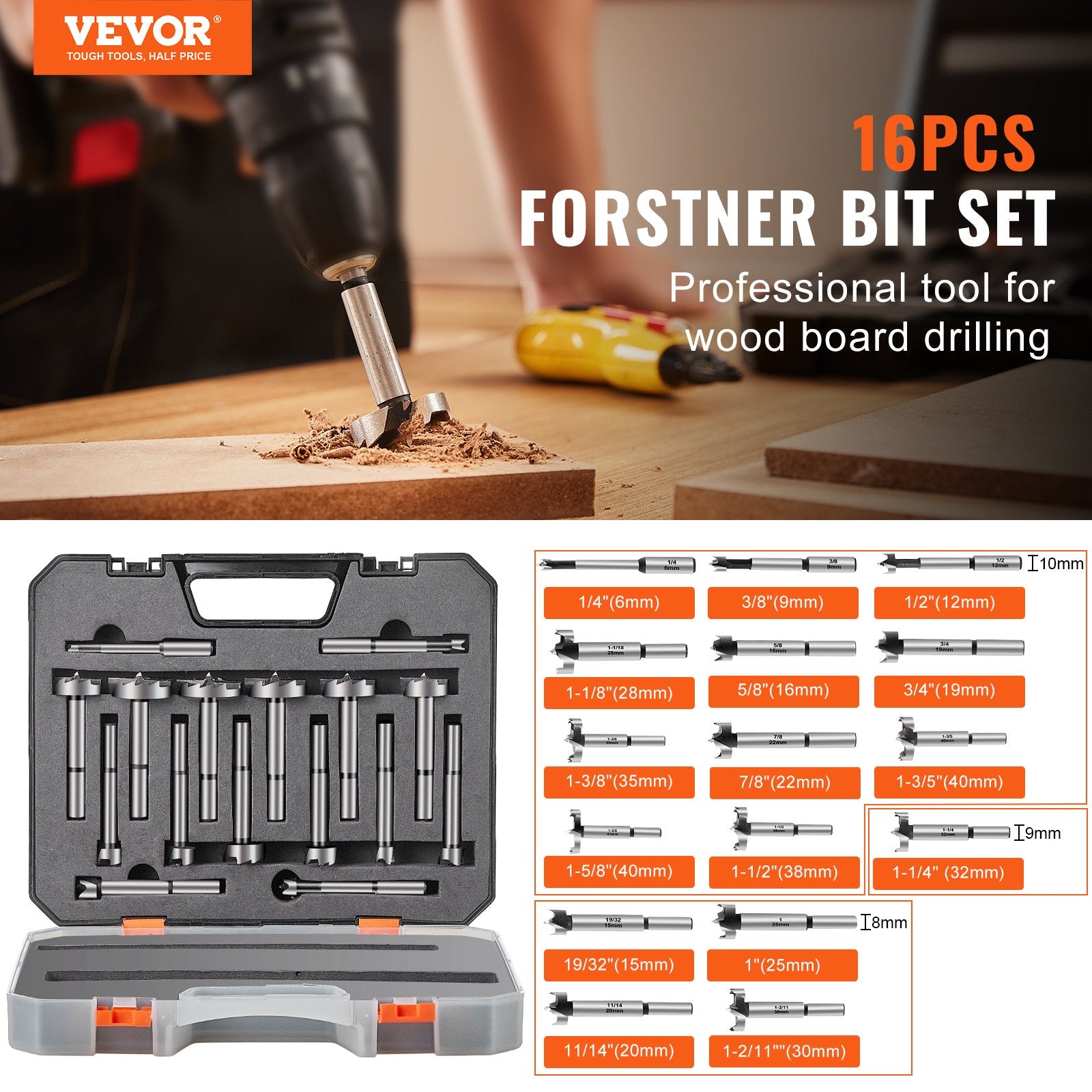 Drill & Screwdriver Accessories: VEVOR Forstner Bit Set, 16 Pcs Forstner Drill Bits Set, 1/4" to 1-5/8", Carbon Steel, with Universal Round Shank, Forstner Drill Bit for Wood and Composite Board, Forstner Bits for Woodworking