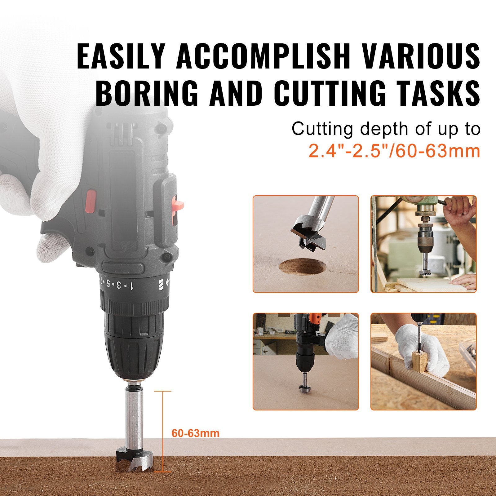 Drill & Screwdriver Accessories: VEVOR Forstner Bit Set, 16 Pcs Forstner Drill Bits Set, 1/4" to 1-5/8", Carbon Steel, with Universal Round Shank, Forstner Drill Bit for Wood and Composite Board, Forstner Bits for Woodworking