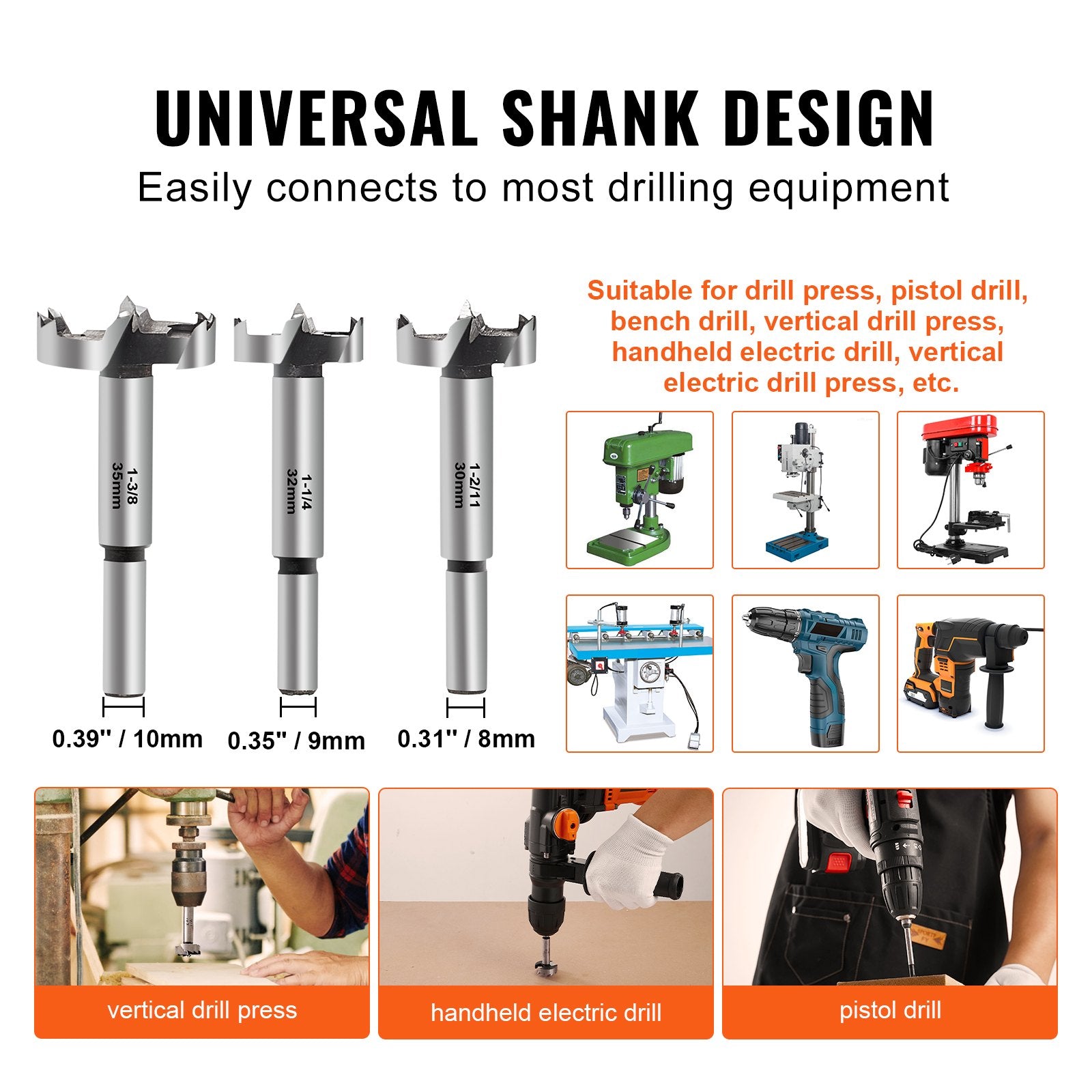 Drill & Screwdriver Accessories: VEVOR Forstner Bit Set, 16 Pcs Forstner Drill Bits Set, 1/4" to 1-5/8", Carbon Steel, with Universal Round Shank, Forstner Drill Bit for Wood and Composite Board, Forstner Bits for Woodworking