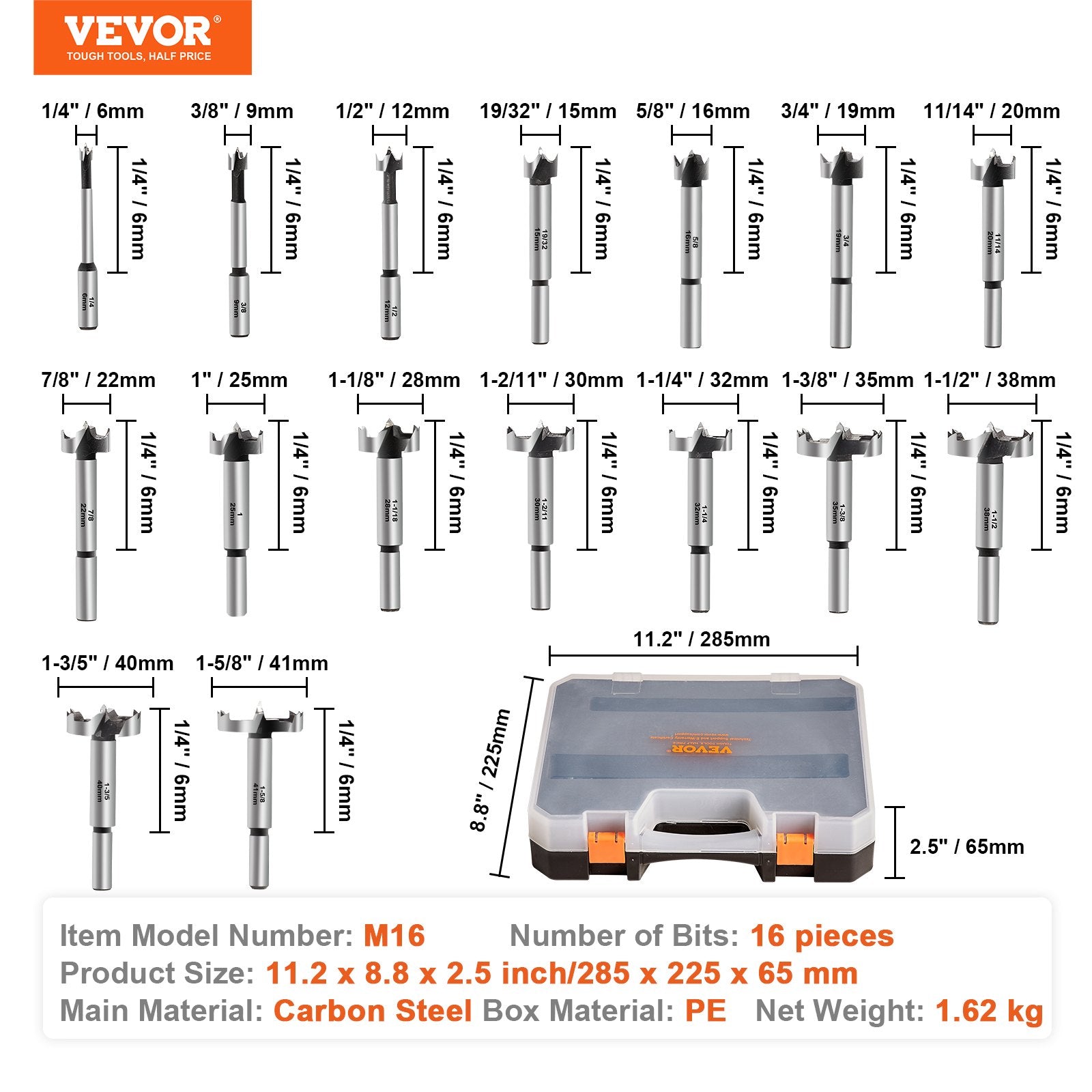 Drill & Screwdriver Accessories: VEVOR Forstner Bit Set, 16 Pcs Forstner Drill Bits Set, 1/4" to 1-5/8", Carbon Steel, with Universal Round Shank, Forstner Drill Bit for Wood and Composite Board, Forstner Bits for Woodworking