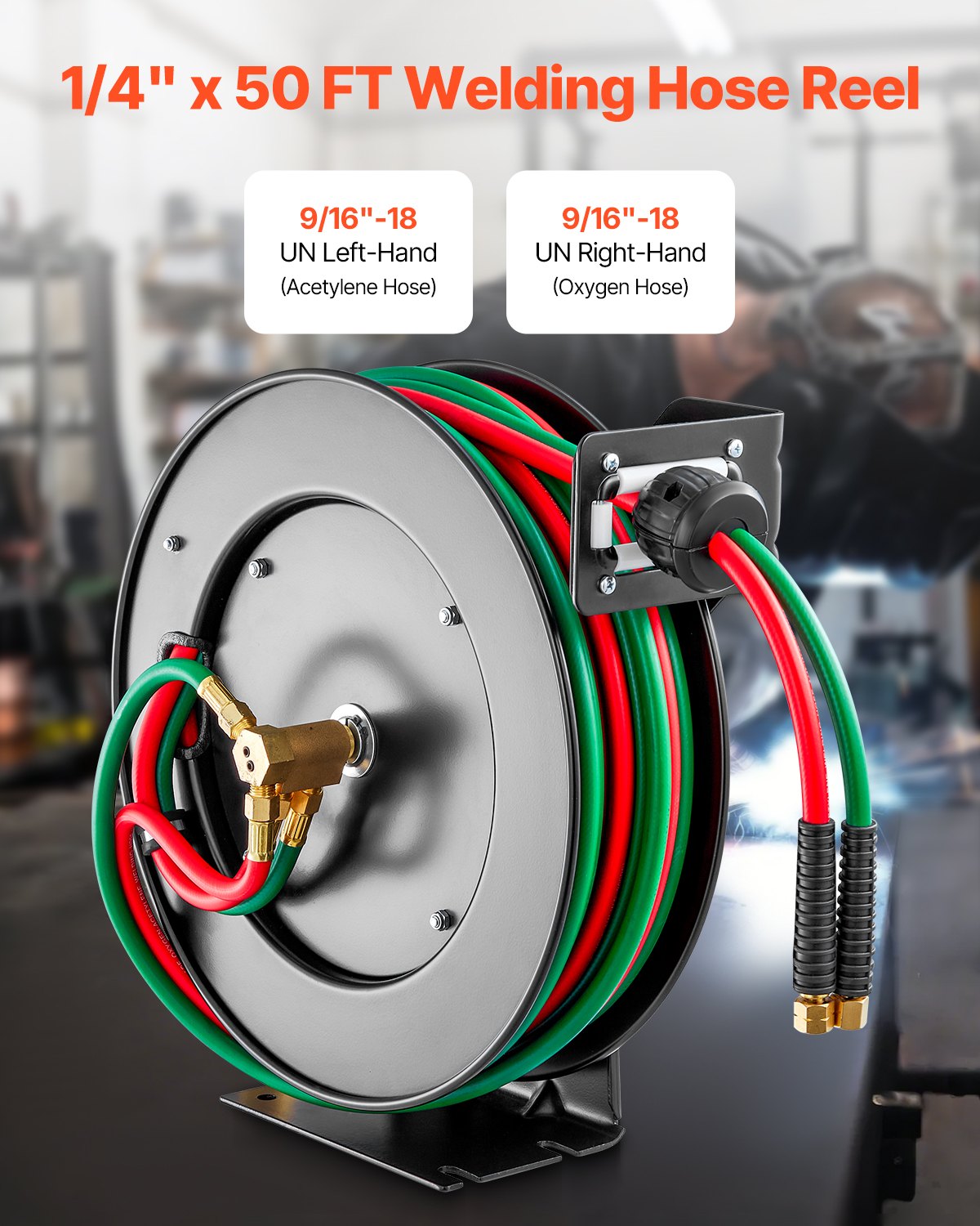 Air Compressors Accessories: Retractable Welding Hose Reel 1/4 in x 50FT Oxygen Acetylene Rubber Hose R Grade