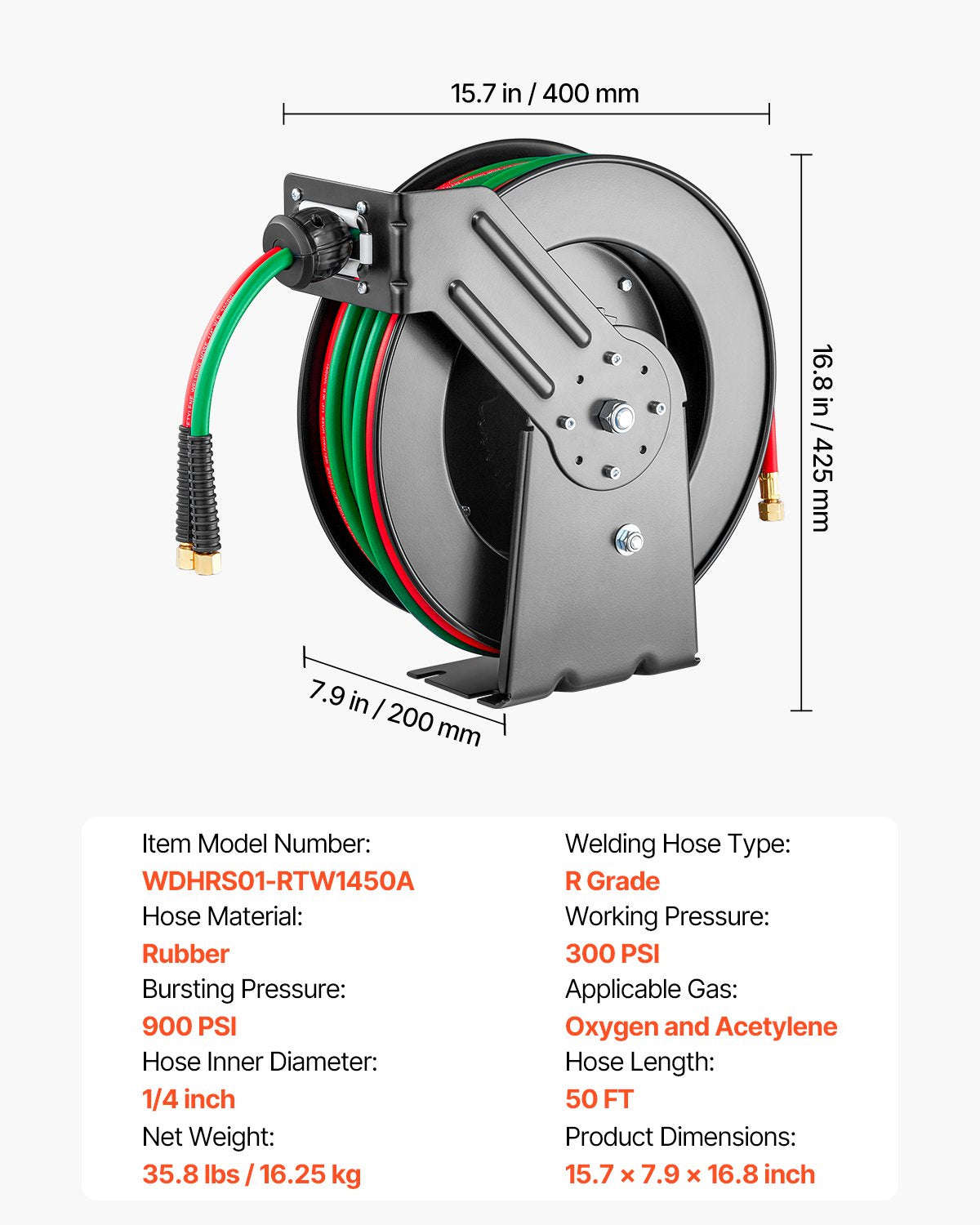 Air Compressors Accessories: Retractable Welding Hose Reel 1/4 in x 50FT Oxygen Acetylene Rubber Hose R Grade