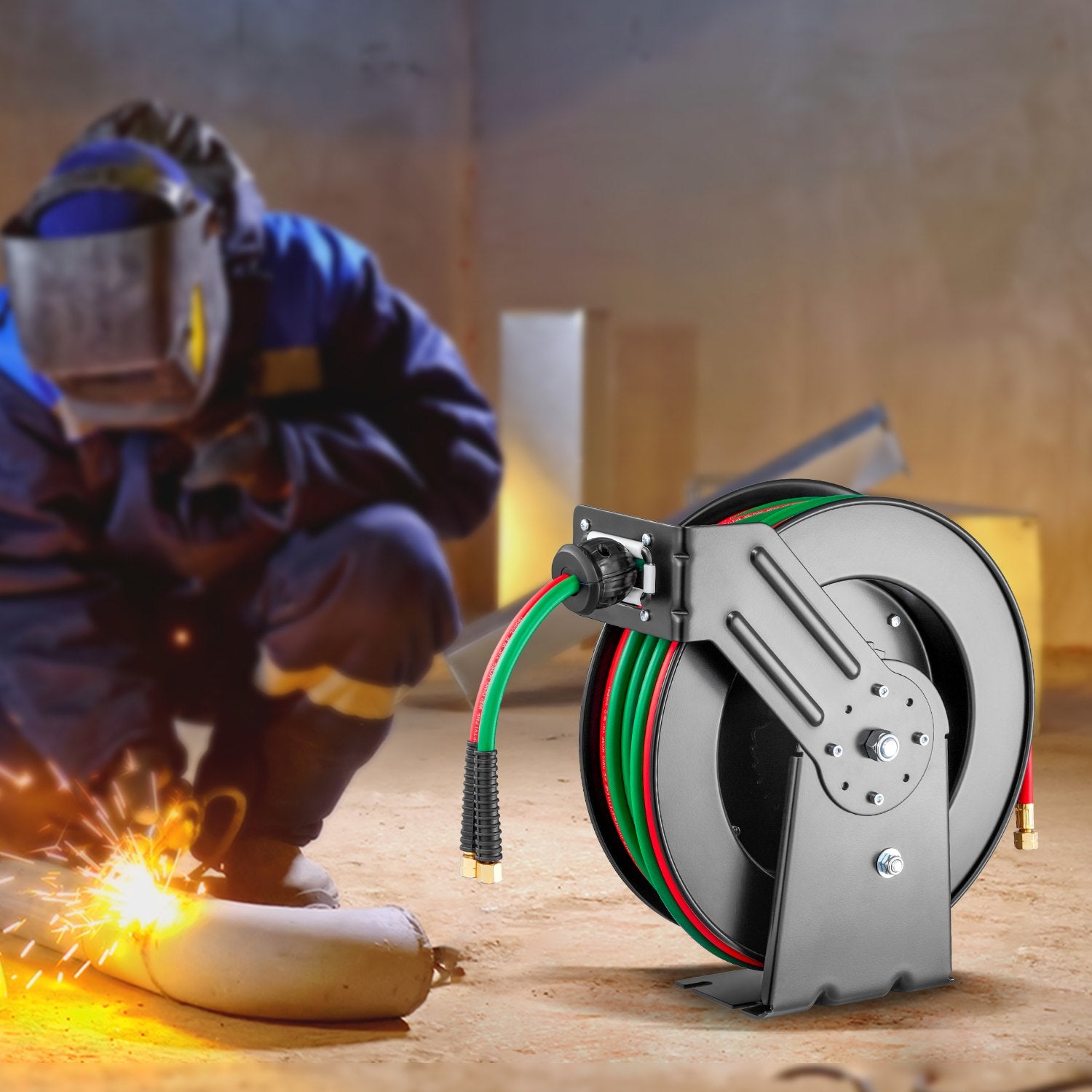 Air Compressors Accessories: Retractable Welding Hose Reel 1/4 in x 50FT Oxygen Acetylene Rubber Hose R Grade