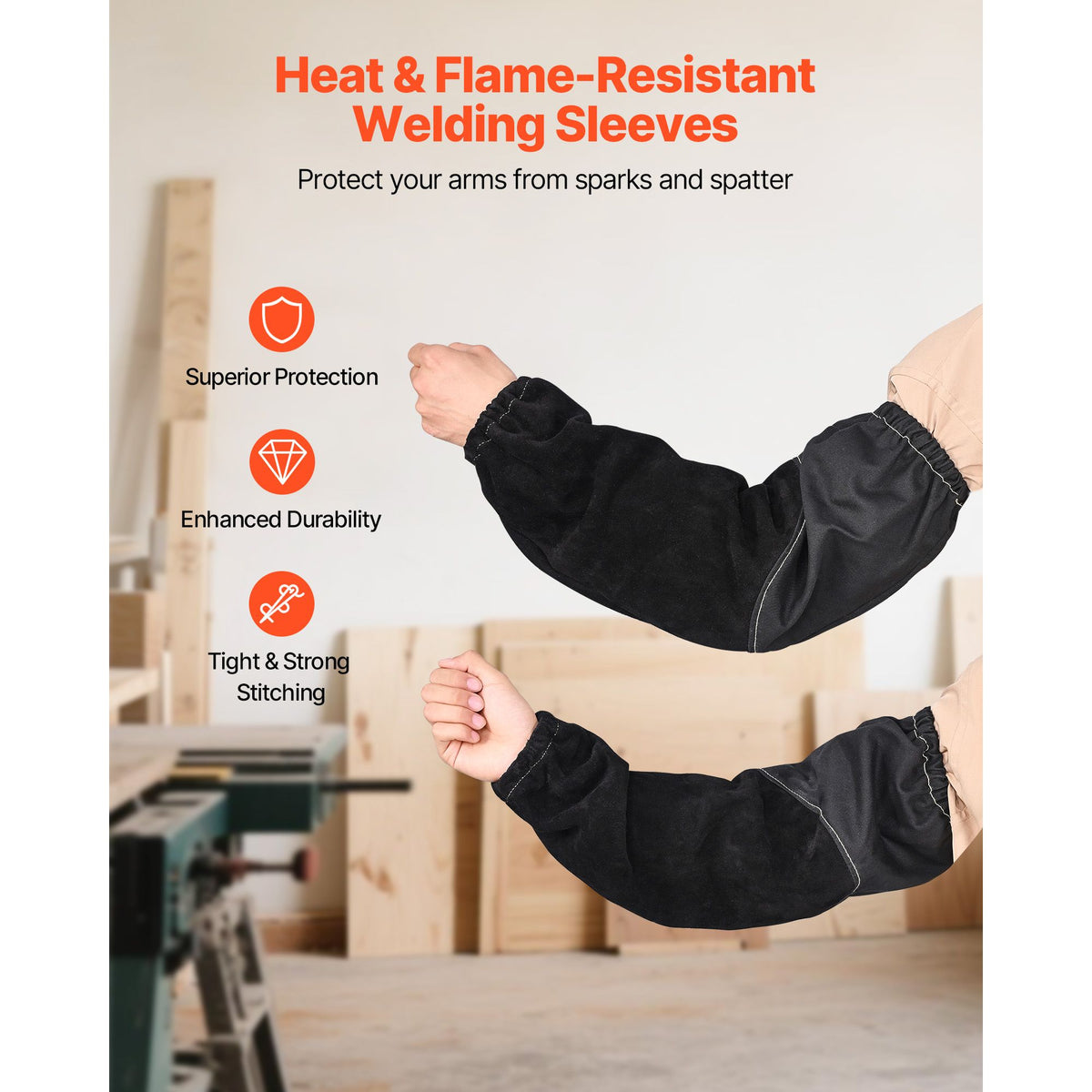 Flame Resistant Welding Work Sleeves, Heavy Duty Cowhide Leather & FR Cotton Arm Protection Sleeves for Men Women - with Elastic Cuffs for Welding, Blacksmithing, Woodworking