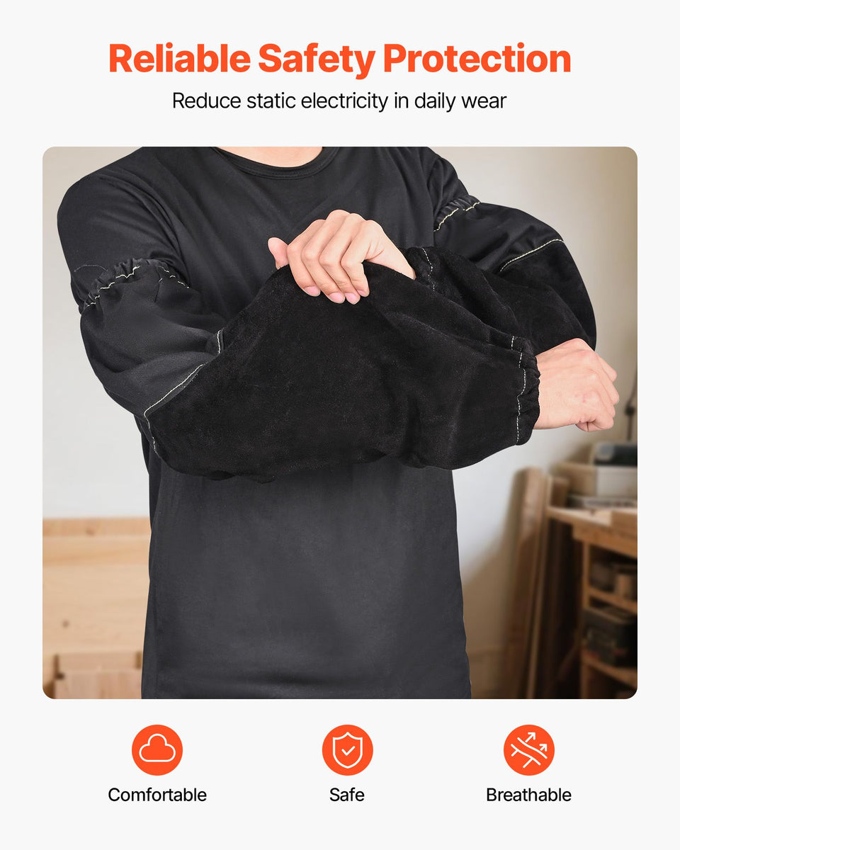 Flame Resistant Welding Work Sleeves, Heavy Duty Cowhide Leather & FR Cotton Arm Protection Sleeves for Men Women - with Elastic Cuffs for Welding, Blacksmithing, Woodworking