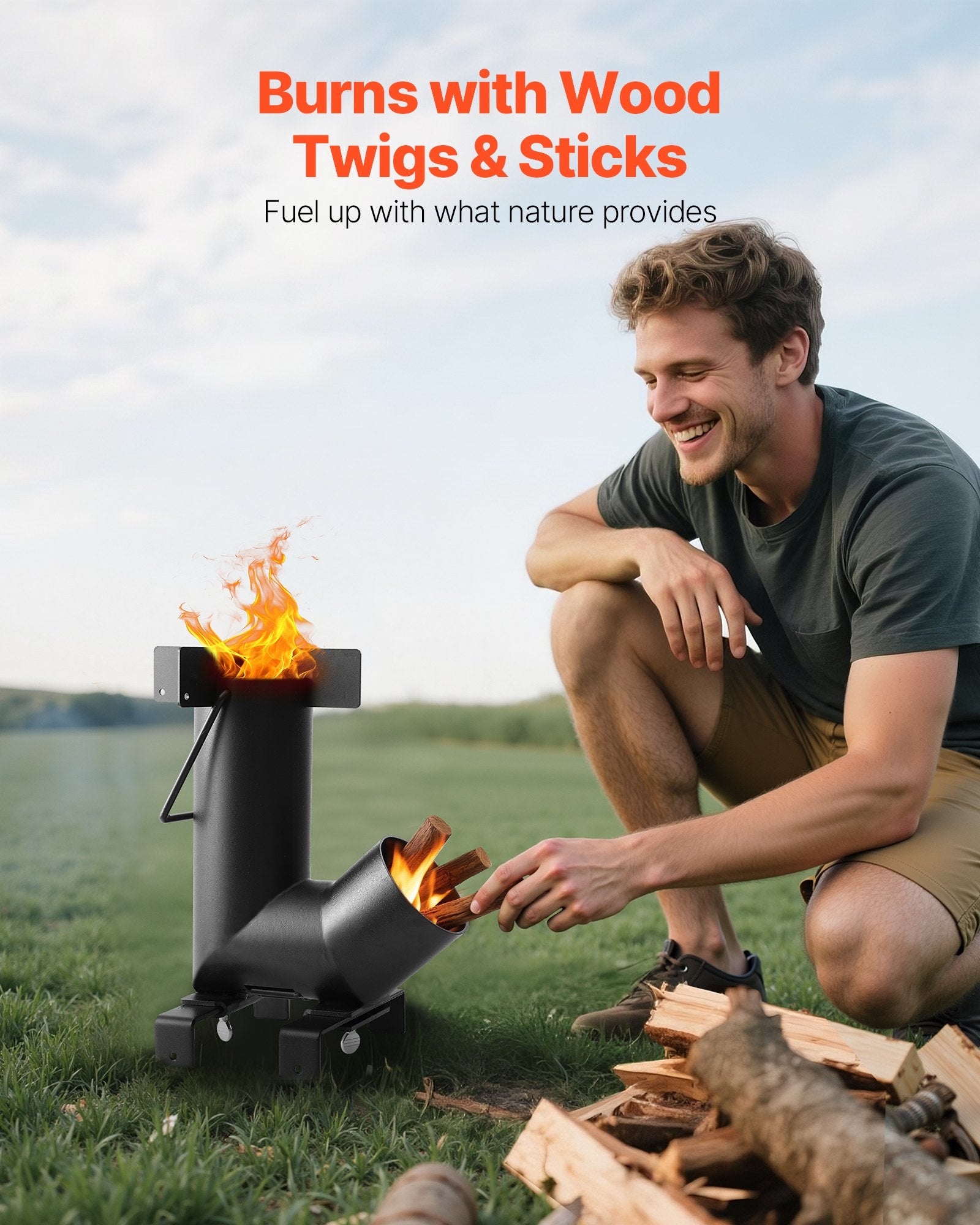 Camping Rocket Stove, Wood Burning Portable Rocket Stove with Carrying Bag for Backpacking, Carbon Steel, Burn Wood, Twigs or Sticks for Outdoor Cooking, Backyard, Camp Cooking, Heating, Black