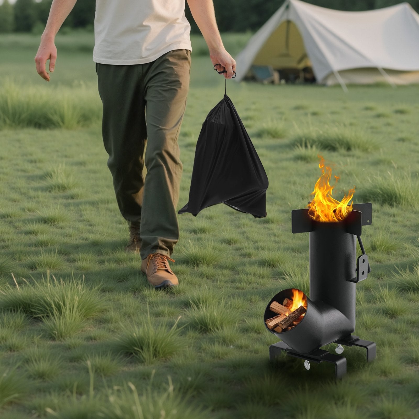Camping Rocket Stove, Wood Burning Portable Rocket Stove with Carrying Bag for Backpacking, Carbon Steel, Burn Wood, Twigs or Sticks for Outdoor Cooking, Backyard, Camp Cooking, Heating, Black