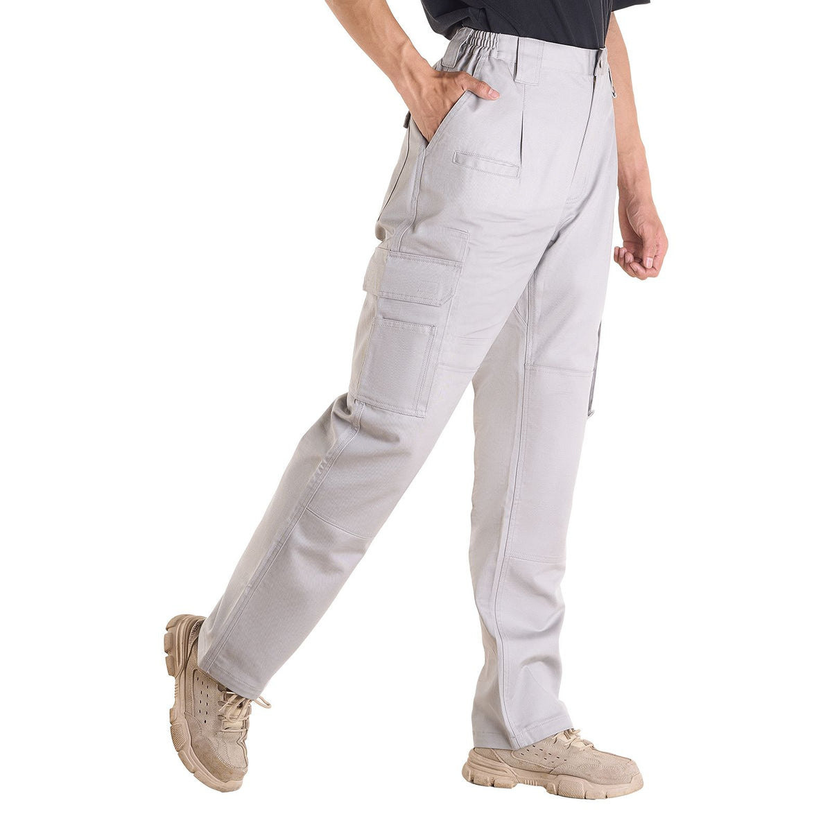 FR Pants for Men, 100% Cotton, Flame-Resistant Cargo Pants with Multi-Pockets and Elastic Waist, Reinforced Tear-proof Stitching, Ideal for Welding Work and Casual Wear, XXL Size, Gray