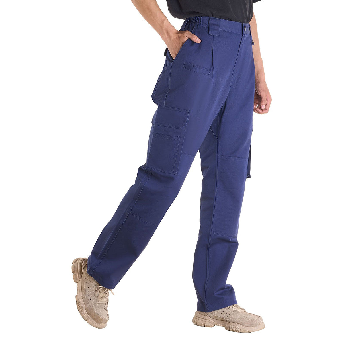 FR Pants for Men, 100% Cotton, Flame-Resistant Cargo Pants with Multi-Pockets and Elastic Waist, Reinforced Tear-proof Stitching, Ideal for Welding Work and Casual Wear, M Size, Dark Blue