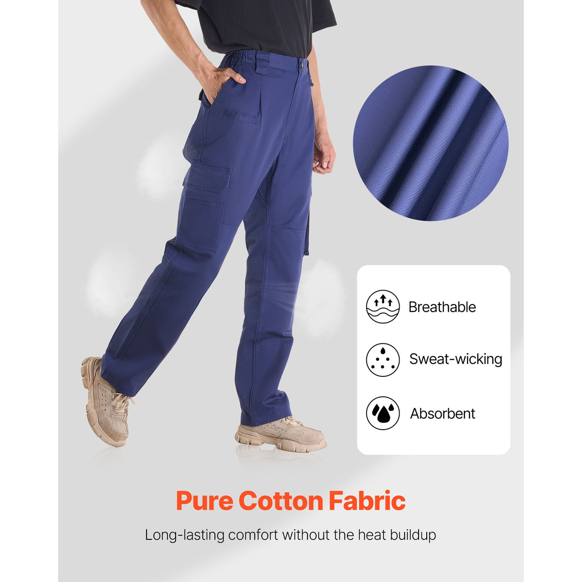 FR Pants for Men, 100% Cotton, Flame-Resistant Cargo Pants with Multi-Pockets and Elastic Waist, Reinforced Tear-proof Stitching, Ideal for Welding Work and Casual Wear, M Size, Dark Blue