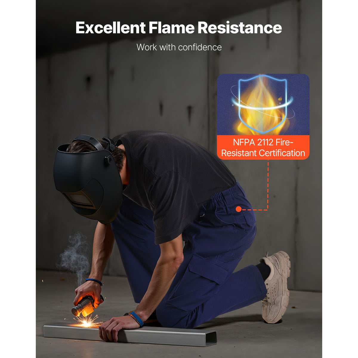 FR Pants for Men, 100% Cotton, Flame-Resistant Cargo Pants with Multi-Pockets and Elastic Waist, Reinforced Tear-proof Stitching, Ideal for Welding Work and Casual Wear, M Size, Dark Blue