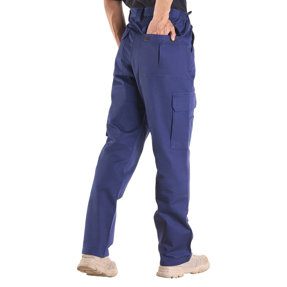 FR Pants for Men, 100% Cotton, Flame-Resistant Cargo Pants with Multi-Pockets and Elastic Waist, Reinforced Tear-proof Stitching, Ideal for Welding Work and Casual Wear, M Size, Dark Blue