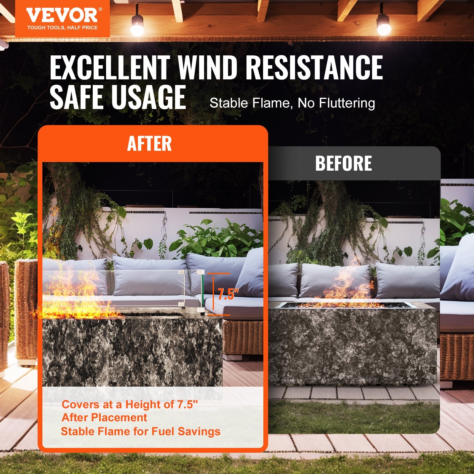 Fire Pits: VEVOR Glass Wind Guard for Rectangular Fire Pit Table 773 x 367 x 191 mm, 8mm Thick and Sturdy Tempered Glass Panel with Hard Aluminum Corner Bracket & Rubber Feet, Easy to Assemble