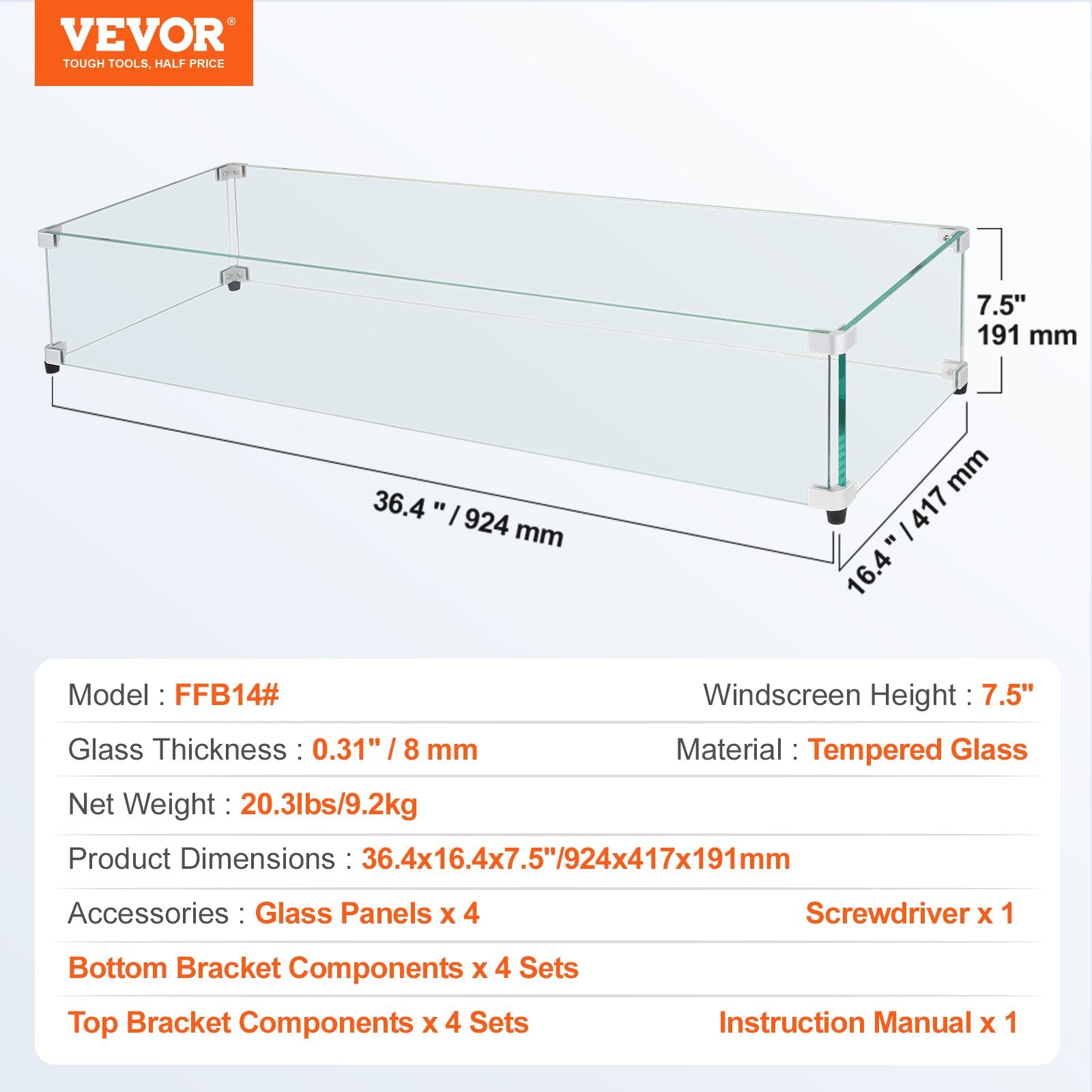 Fire Pits: VEVOR Glass Wind Guard for Rectangular Fire Pit Table 924 x 417 x 191 mm, 8mm Thick and Sturdy Tempered Glass Panel with Hard Aluminum Corner Bracket & Rubber Feet, Easy to Assemble