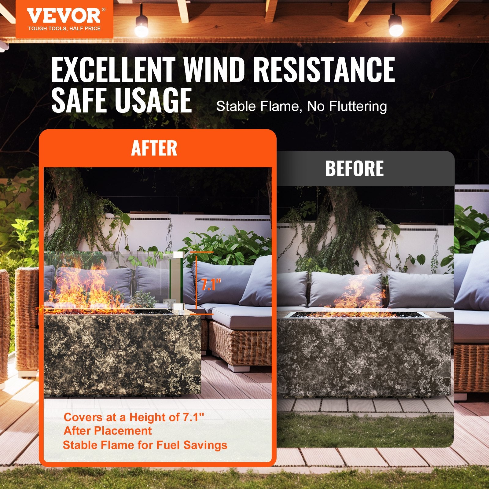 Fire Pits: VEVOR Gas Fire Pit Wind Guard for Square Fire Table, 380 x 380 x 180 mm Clear Tempered Wind Guard for Firepits, 8mm Thick Square Glass Shield, Glass Panel with Hard Corner Bracket & Feet