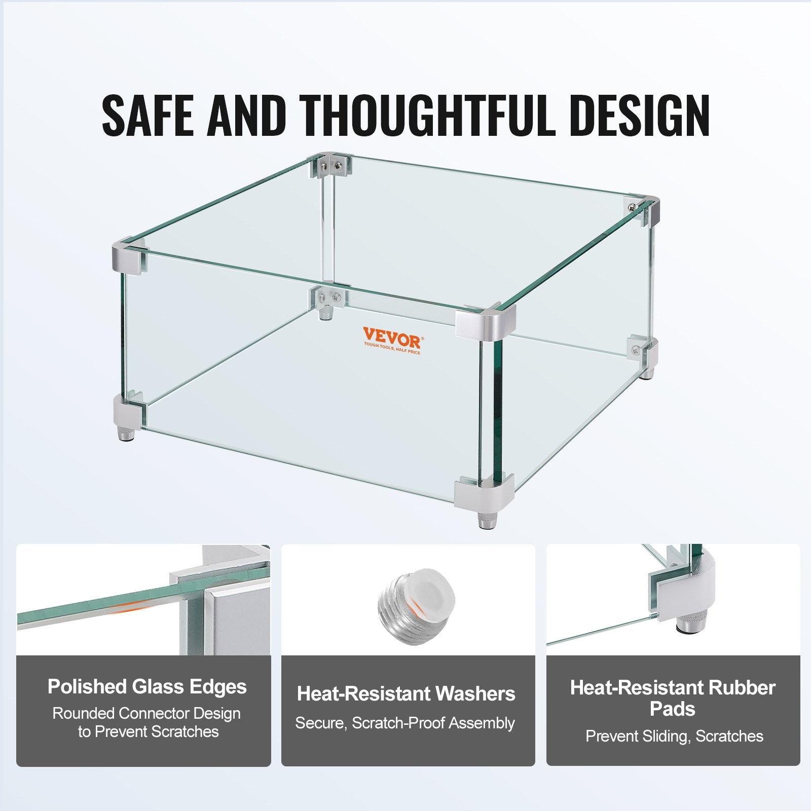 Fire Pits: VEVOR Gas Fire Pit Wind Guard for Square Fire Table, 380 x 380 x 180 mm Clear Tempered Wind Guard for Firepits, 8mm Thick Square Glass Shield, Glass Panel with Hard Corner Bracket & Feet