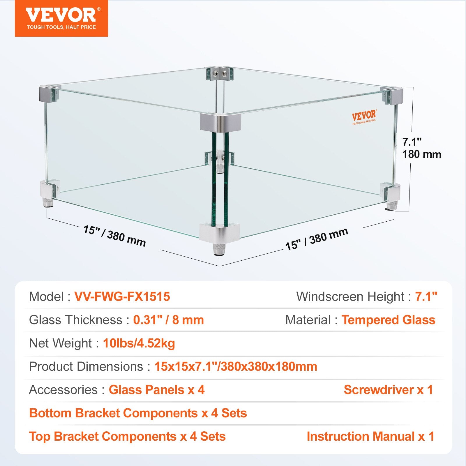 Fire Pits: VEVOR Gas Fire Pit Wind Guard for Square Fire Table, 380 x 380 x 180 mm Clear Tempered Wind Guard for Firepits, 8mm Thick Square Glass Shield, Glass Panel with Hard Corner Bracket & Feet