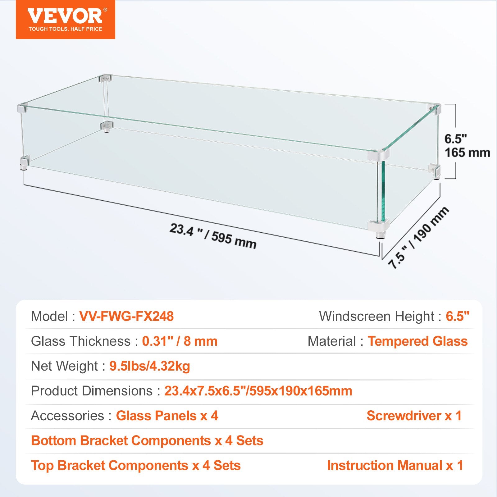 Fire Pits: VEVOR Gas Fire Pit Wind Guard for Square Fire Table, 595 x 190 x 165 mm Clear Tempered Wind Guard for Firepits, 8mm Thick Square Glass Shield, Glass Panel with Hard Corner Bracket & Feet