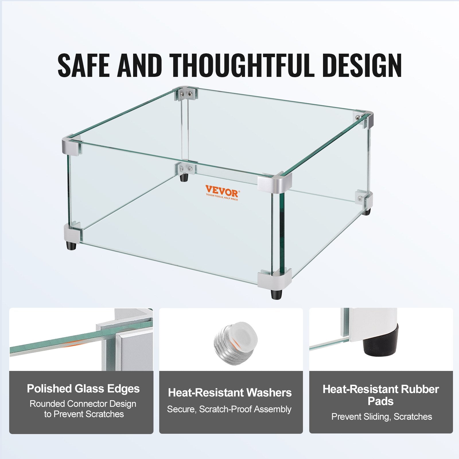 Fire Pits: VEVOR Gas Fire Pit Wind Guard for Square Fire Table, 543 x 543 x 191 mm Clear Tempered Wind Guard for Firepits, 8mm Thick Square Glass Shield, Glass Panel with Hard Corner Bracket & Feet