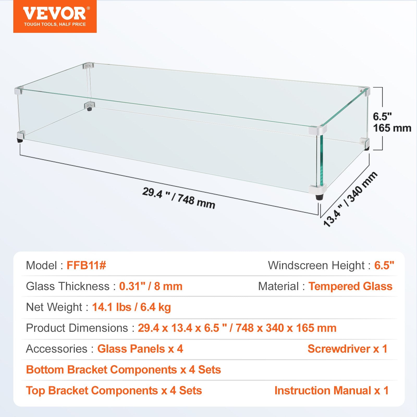 Fire Pits: VEVOR Glass Wind Guard for Rectangular Fire Pit Table 748 x 340 x 165 mm, 8mm Thick and Sturdy Tempered Glass Panel with Hard Aluminum Corner Bracket & Rubber Feet, Easy to Assemble