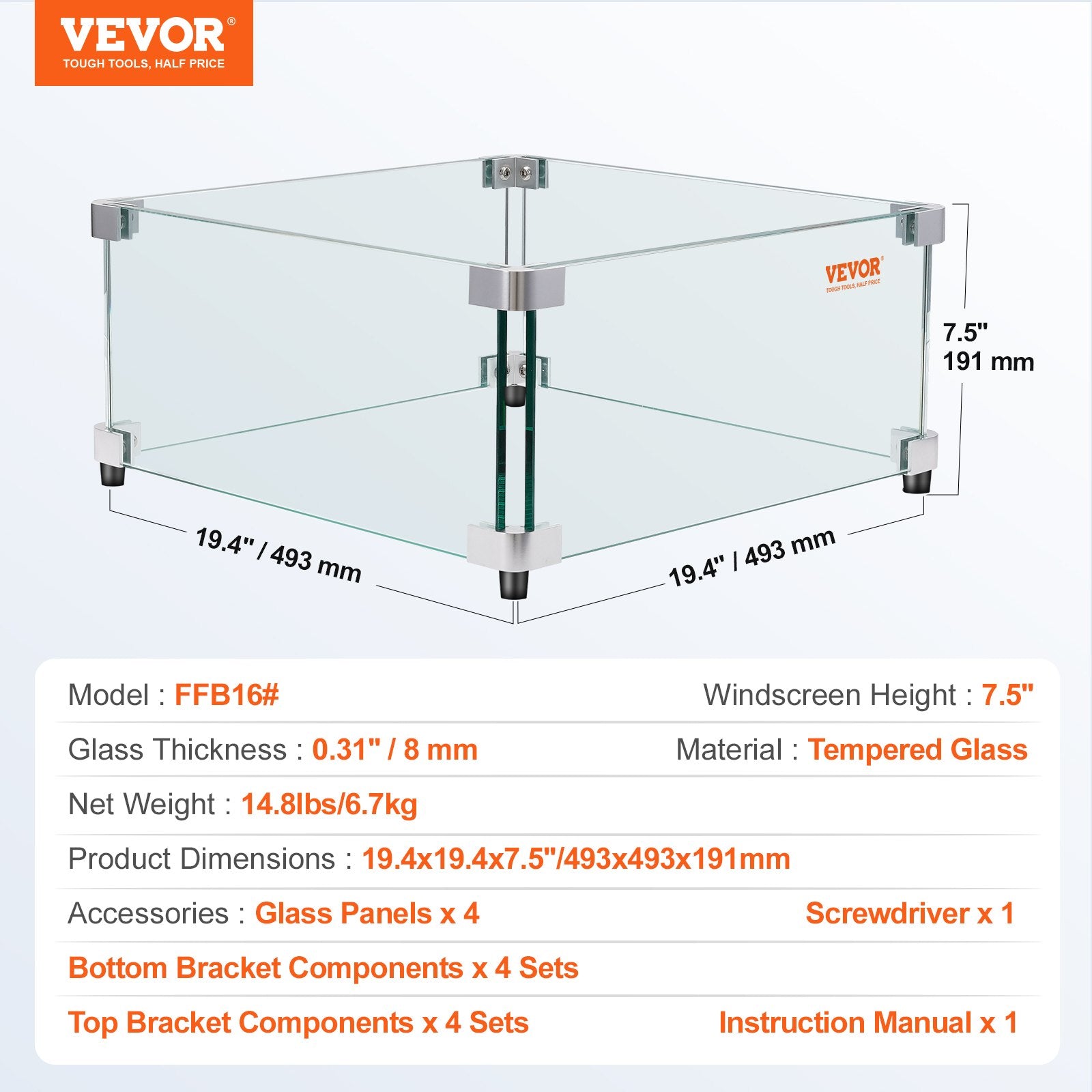 Fire Pits: VEVOR Gas Fire Pit Wind Guard for Square Fire Table, 493 x 493 x 191 mm Clear Tempered Wind Guard for Firepits, 8mm Thick Square Glass Shield, Glass Panel with Hard Corner Bracket & Feet