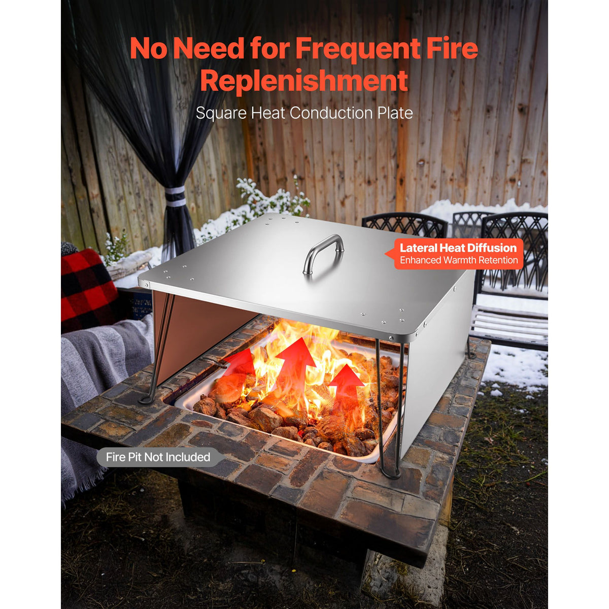 Fire Pit Heat Deflector, 645x645x370 mm Square Outdoor Burner Cover, Stainless Steel Bonfire Camping Wood Burning, Push Heat Down and Out with 4 Foldable Legs & Carrying Handle