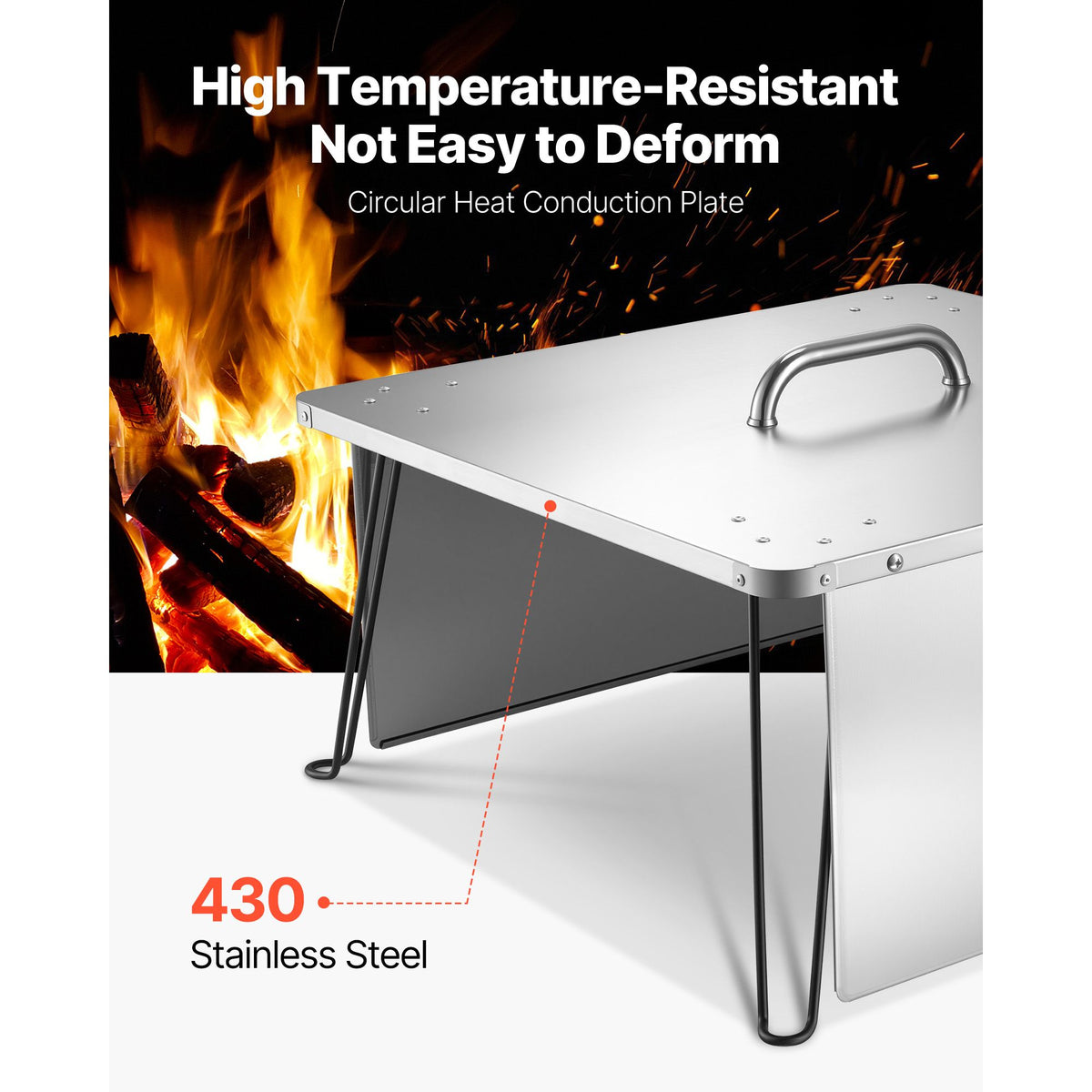 Fire Pit Heat Deflector, 645x645x370 mm Square Outdoor Burner Cover, Stainless Steel Bonfire Camping Wood Burning, Push Heat Down and Out with 4 Foldable Legs & Carrying Handle