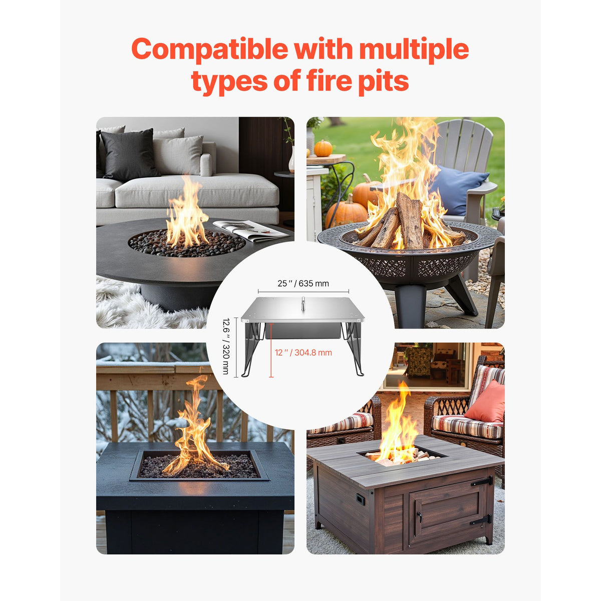 Fire Pit Heat Deflector, 645x645x370 mm Square Outdoor Burner Cover, Stainless Steel Bonfire Camping Wood Burning, Push Heat Down and Out with 4 Foldable Legs & Carrying Handle