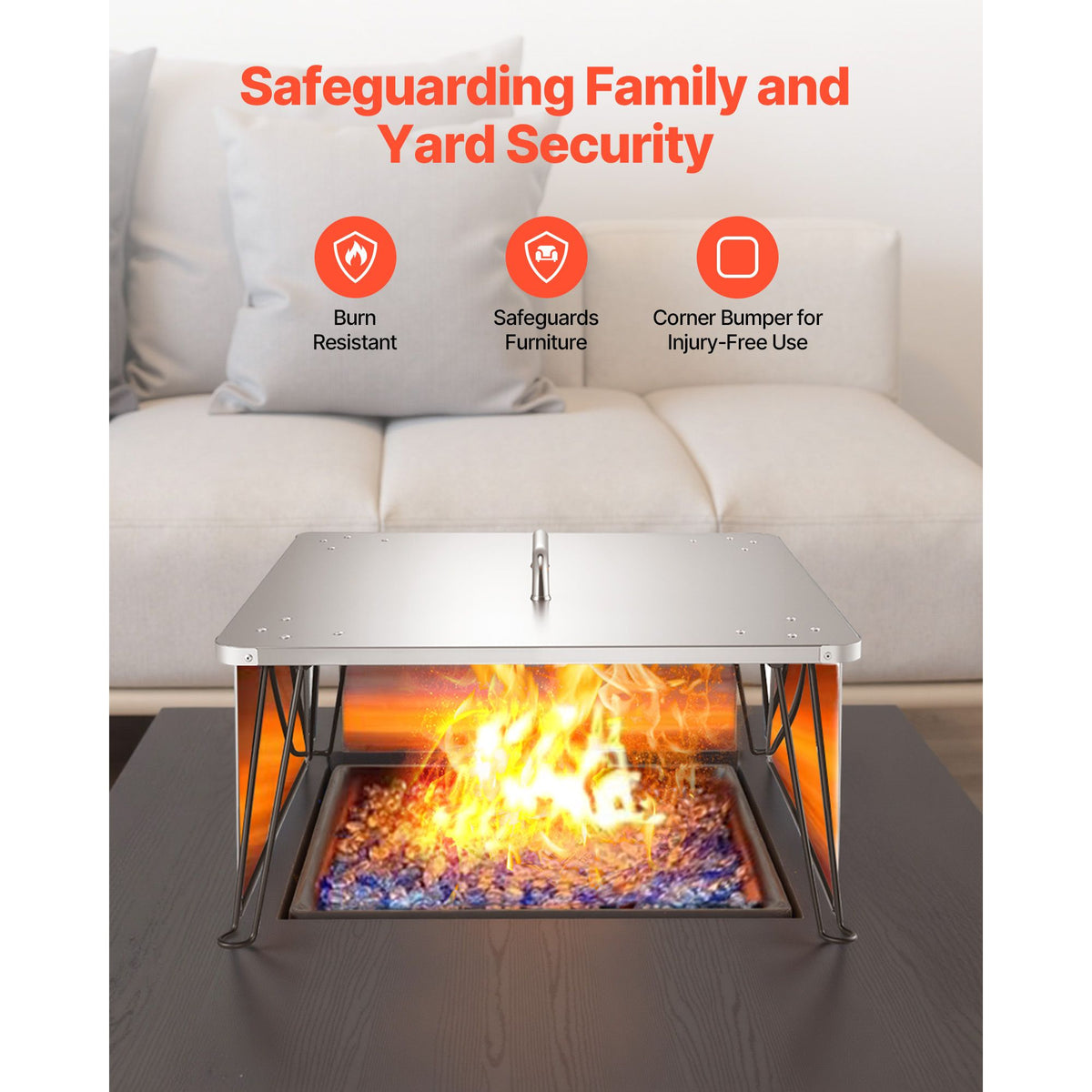 Fire Pit Heat Deflector, 645x645x370 mm Square Outdoor Burner Cover, Stainless Steel Bonfire Camping Wood Burning, Push Heat Down and Out with 4 Foldable Legs & Carrying Handle