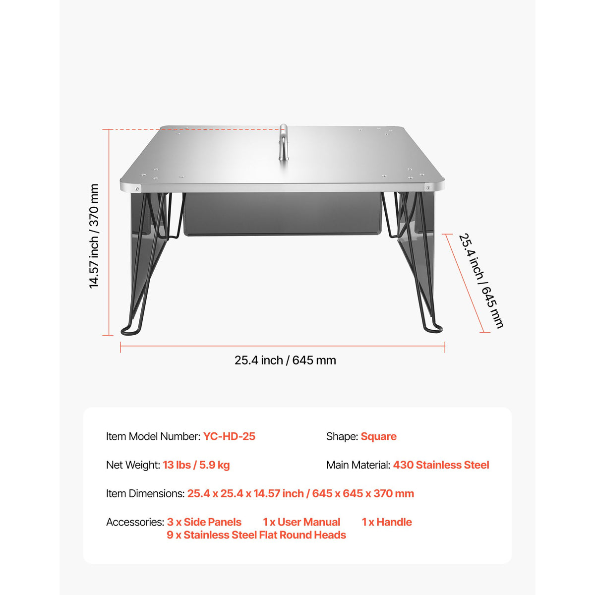Fire Pit Heat Deflector, 645x645x370 mm Square Outdoor Burner Cover, Stainless Steel Bonfire Camping Wood Burning, Push Heat Down and Out with 4 Foldable Legs & Carrying Handle
