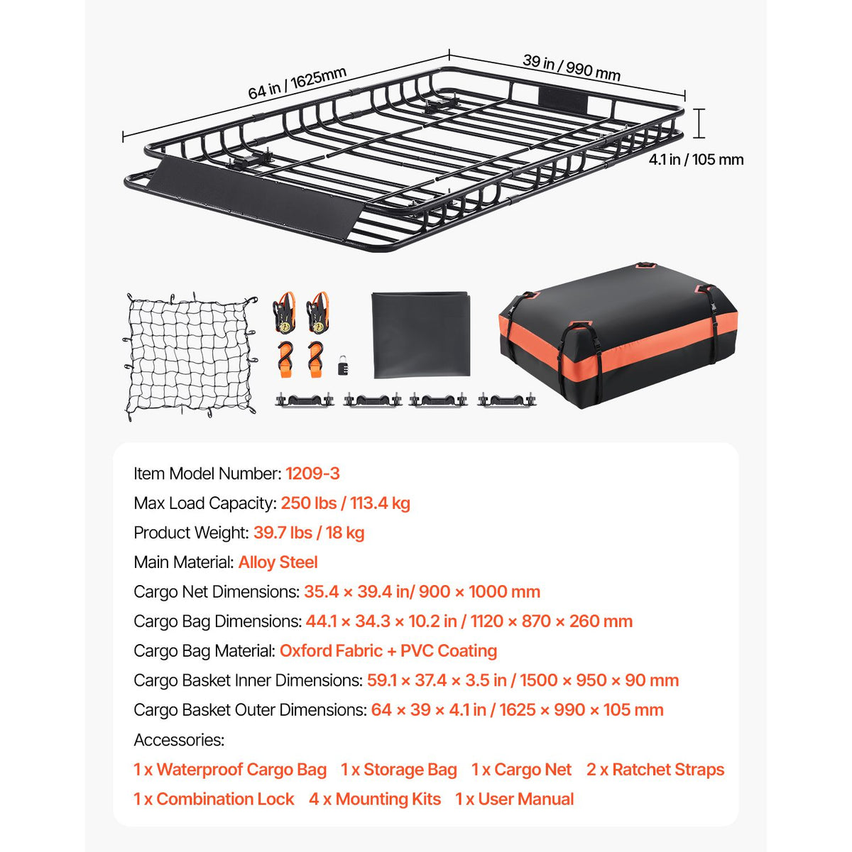 Roof Rack Basket, 1625 x 990 x 105 mm, Universal Rooftop Cargo Carrier with 1120 x 870 x 260 mm Cargo Bag, Net, Ratchet Straps, 113.4 kg Max Load Capacity Car Top Luggage Holder, for SUV Car