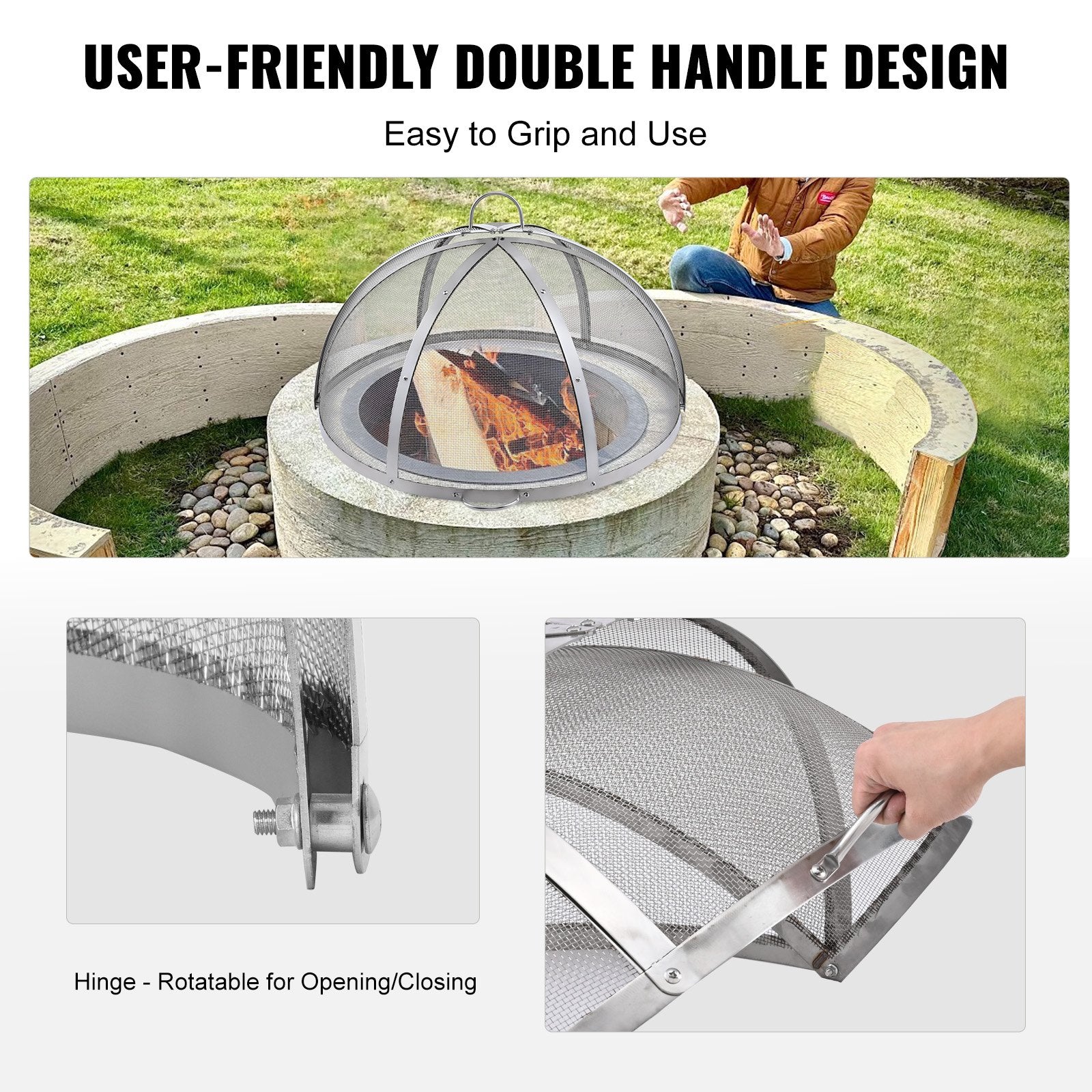 Fire Pits: VEVOR Firepit Spark Screen Lid, 30" Diameter, Outdoor Firepit Ring Cover Round Accessories, Fire Pit Metal Cover, Easy-Opening Stainless Steel Fire Ring Covers for Outdoor Patio Fire Pits Backyard
