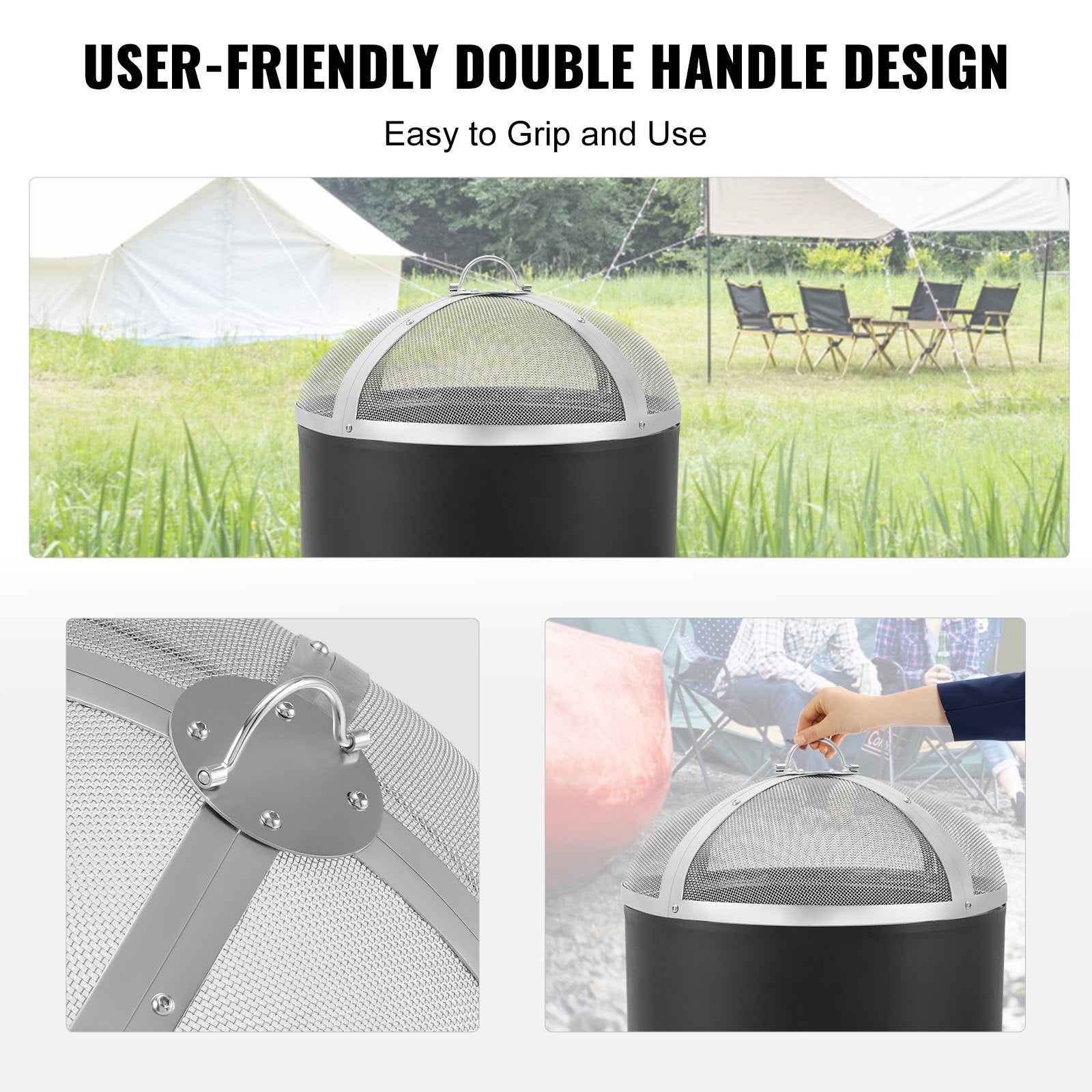 Fire Pits: VEVOR Fire Pit Spark Screen Round 20", Reinforced Heavy Duty Steel Metal Cover, Outdoor Firepit Lid, Easy-Opening Top Screen Covers Round with Ring Handle for Outdoor Patio Fire Pits Backyard