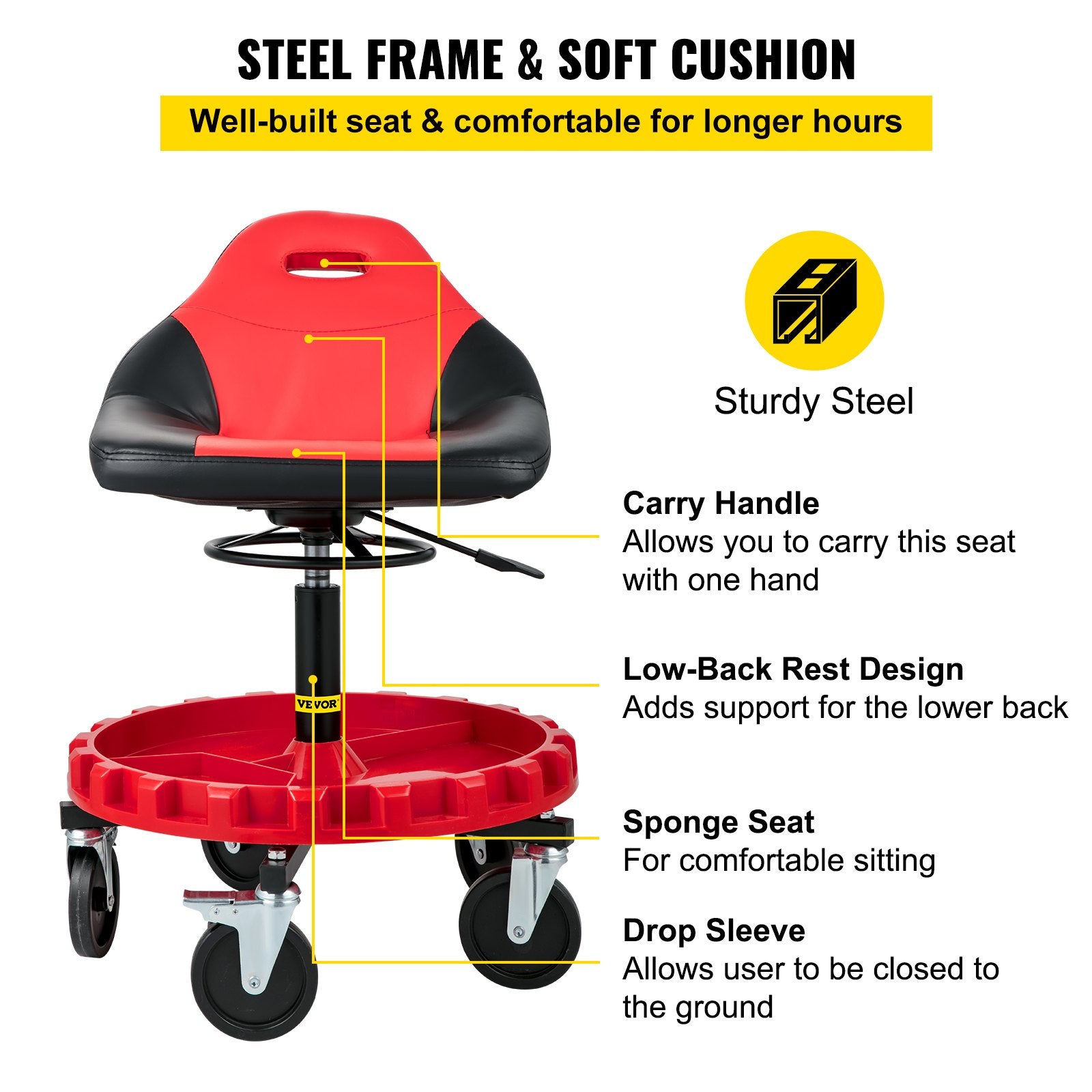 Gymnastics: VEVOR Rolling Garage Stool 300LBS Adjustable Mechanic Work Shop Seat w/Casters