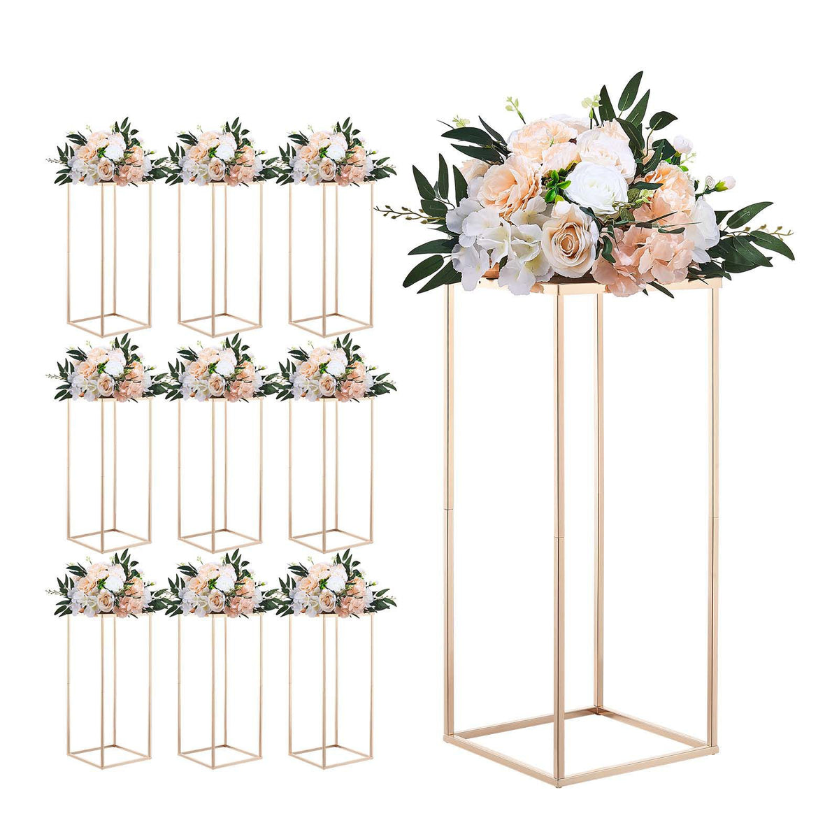 Wedding Flower Stand, 10PCS 60cm Column Flower Stand, Floral Stands with Metal Laminate, Gold Rectangular Floral Display Rack for Wedding, Party, Birthday, Home,  Gold Centerpiece Stands