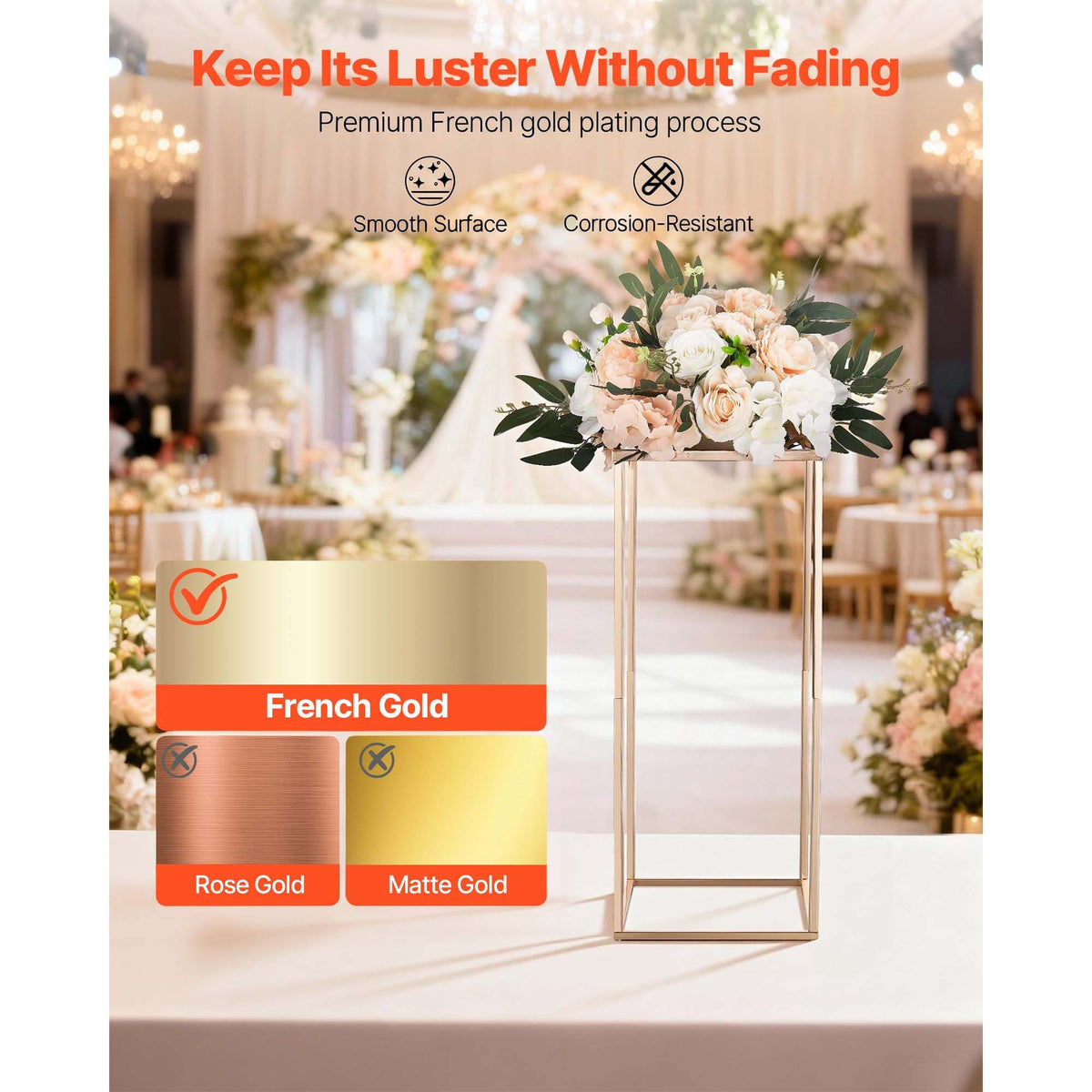 Wedding Flower Stand, 10PCS 60cm Column Flower Stand, Floral Stands with Metal Laminate, Gold Rectangular Floral Display Rack for Wedding, Party, Birthday, Home,  Gold Centerpiece Stands