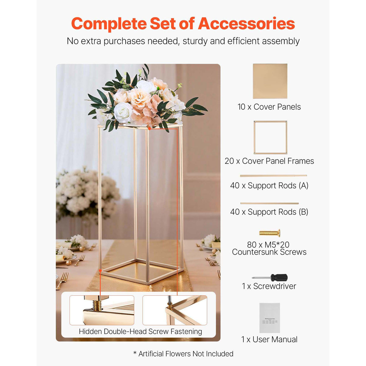 Wedding Flower Stand, 10PCS 60cm Column Flower Stand, Floral Stands with Metal Laminate, Gold Rectangular Floral Display Rack for Wedding, Party, Birthday, Home,  Gold Centerpiece Stands