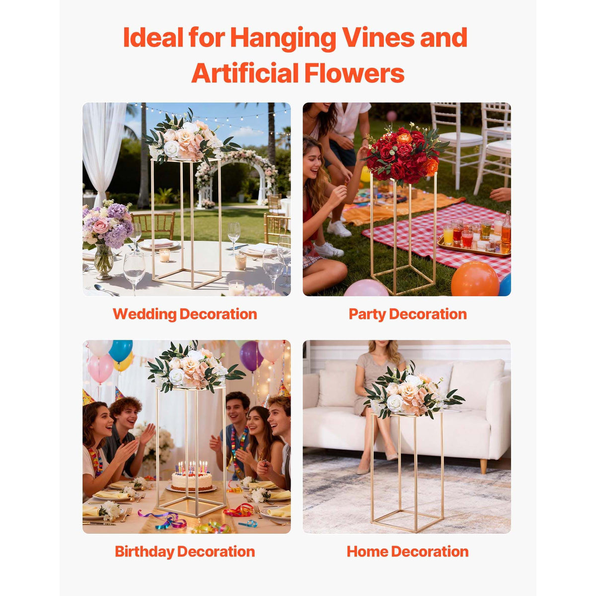 Wedding Flower Stand, 10PCS 60cm Column Flower Stand, Floral Stands with Metal Laminate, Gold Rectangular Floral Display Rack for Wedding, Party, Birthday, Home,  Gold Centerpiece Stands